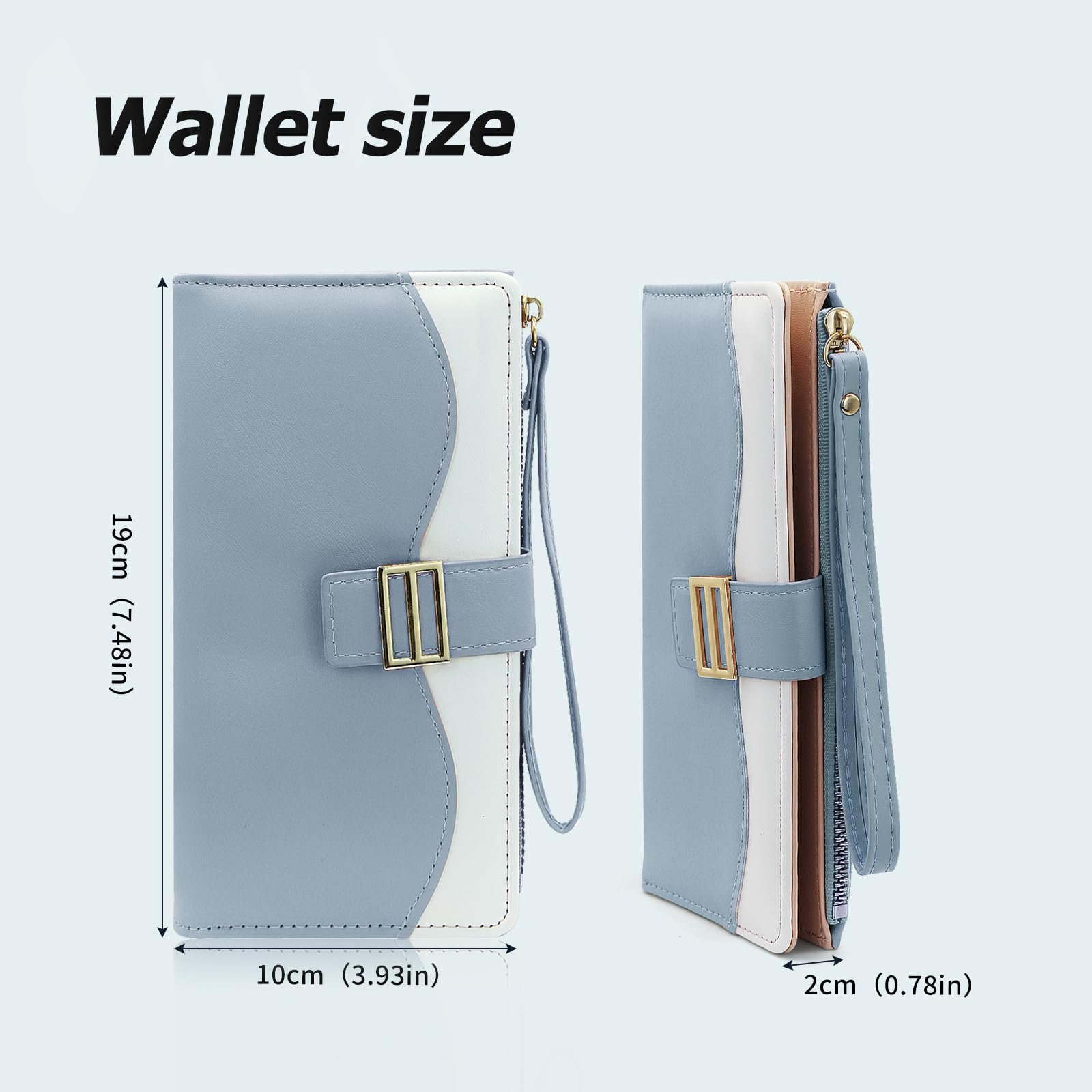 Кошелек Bifold AdiStylinno Женский Искусственная кожа PU Большой Вместимости Длинный Кошелек Тонкий Держатель для Карт на Молнии с Множеством Отделений для Карт и Ремешком на Запястье, синий, Modern, фото №3