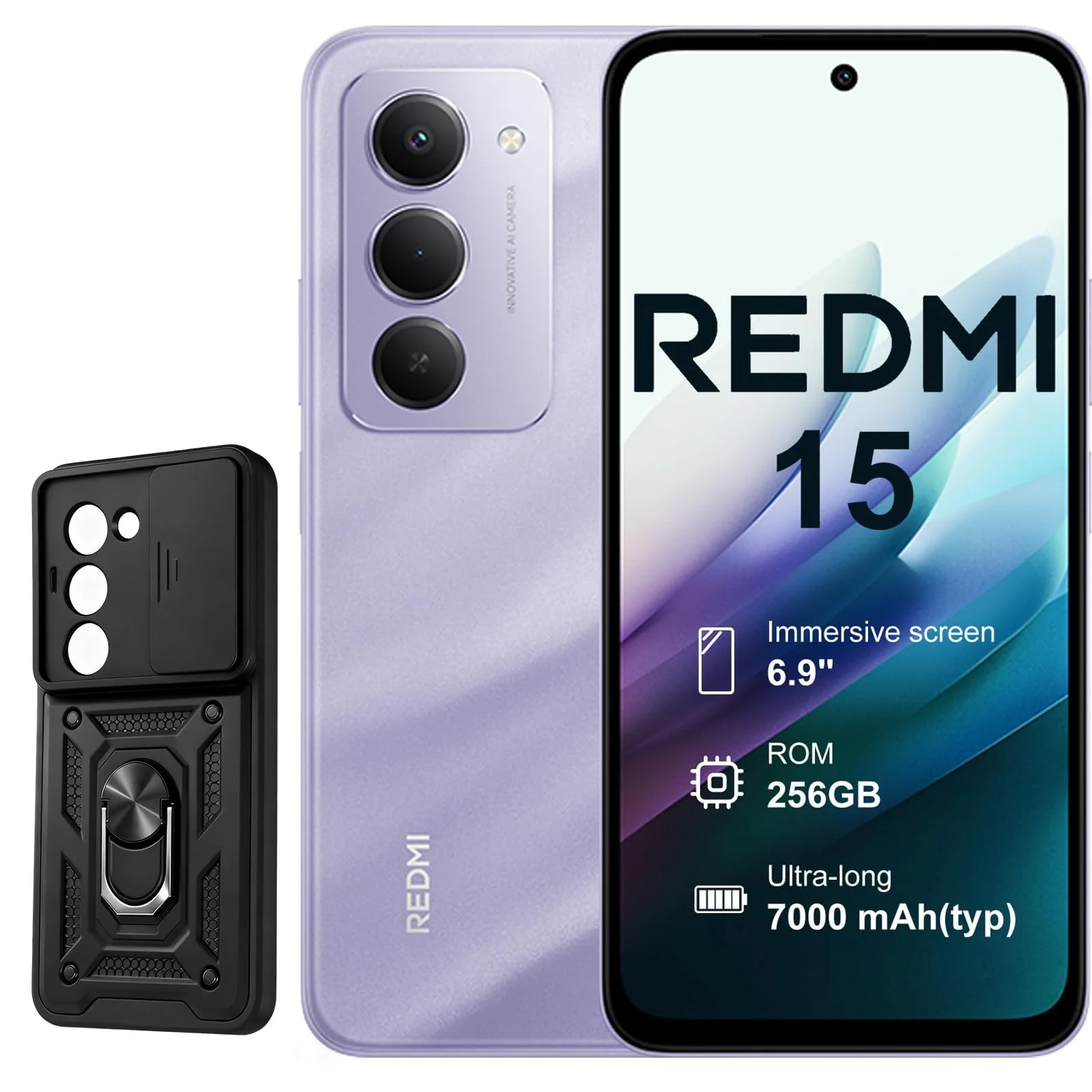 Смартфон XIAOMI Redmi 15 8+256 GB 6.9 дюймов 144 Hz 50MP Snapdragon 685 7000 mAh с чехлом (без зарядного устройства) Фиолетовый, фото №1