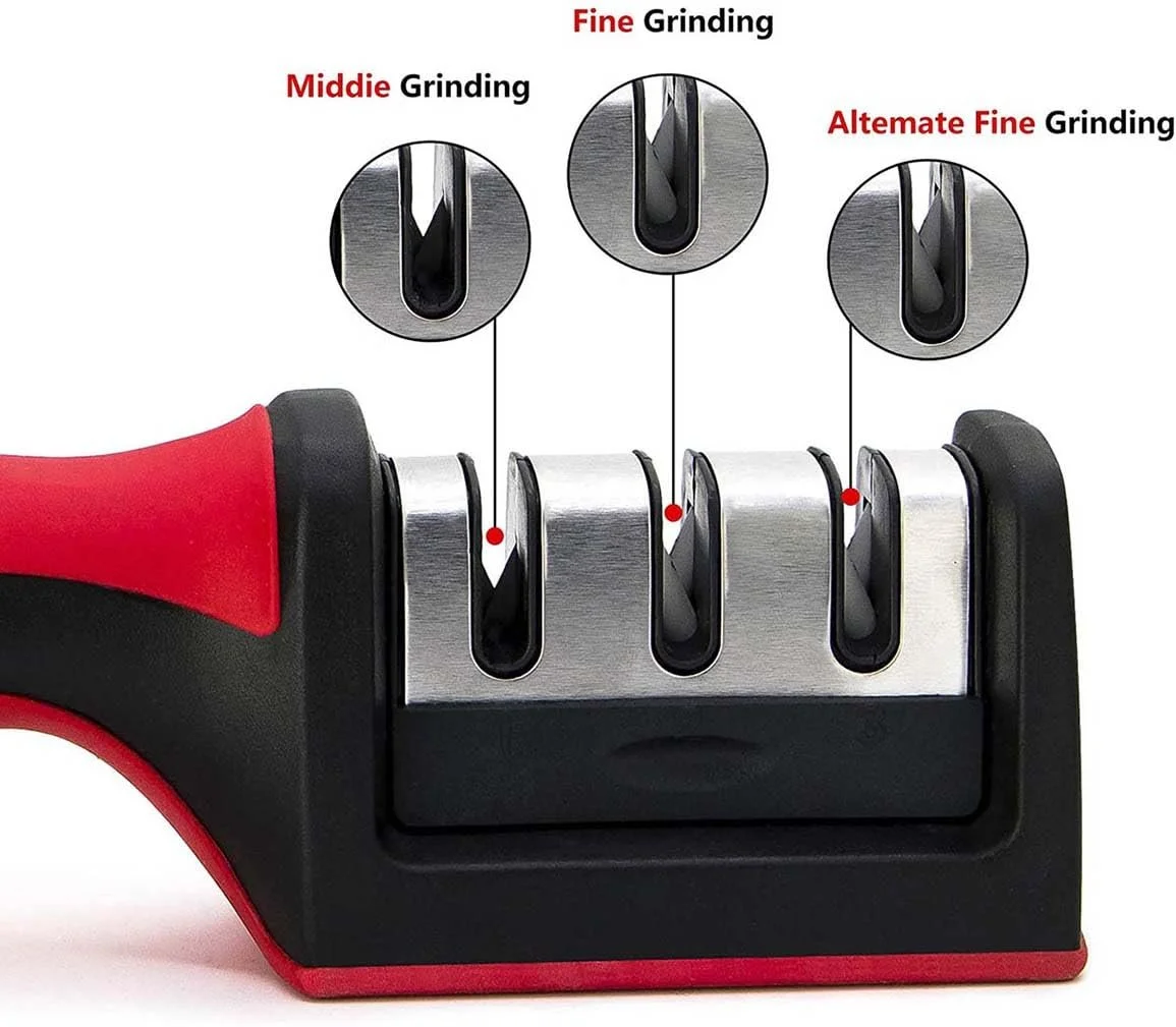 Точилка для ножей ручная профессиональная 3 уровня вольфрамовая сталь алмаз керамический камень для стальных и керамических ножей Black, Red, фото №4