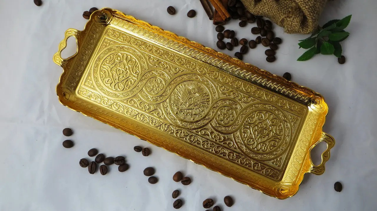 Турецкий кофеный поднос в восточном стиле металлический Цвет Золото, фото №5