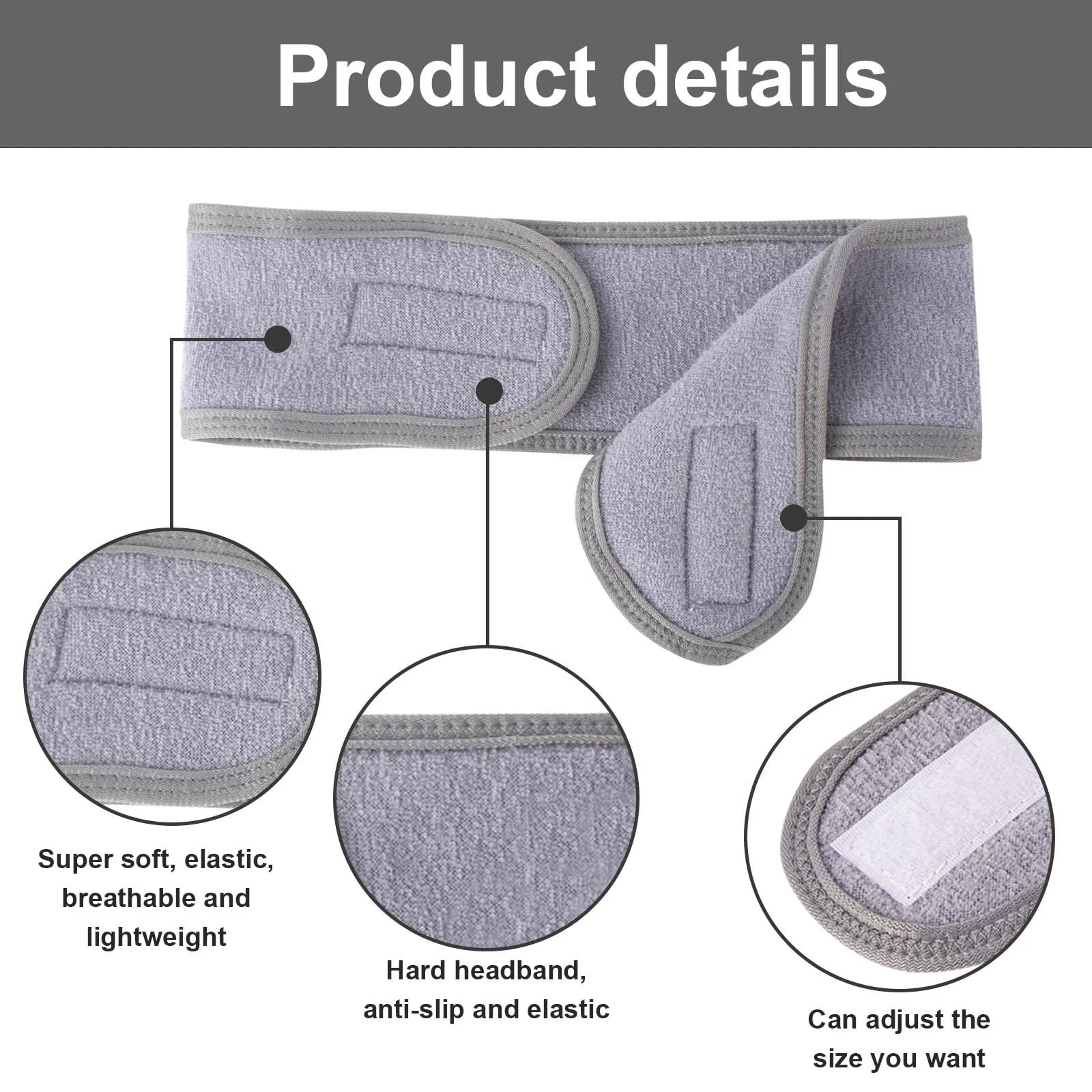 Пов'язка на голову Сіра для макіяжу, для вмивання обличчя, косметична, фото №3