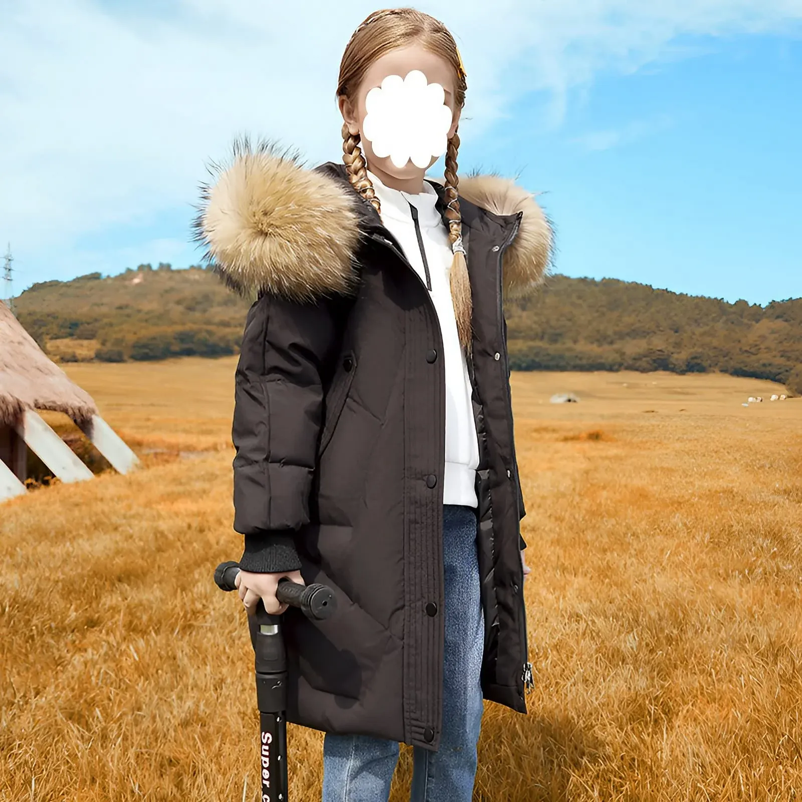 Пуховик Amropi Для девочек, С меховым капюшоном, Длинная зимняя куртка, Зимнее пальто, Для возраста 5-13 лет, фото №6