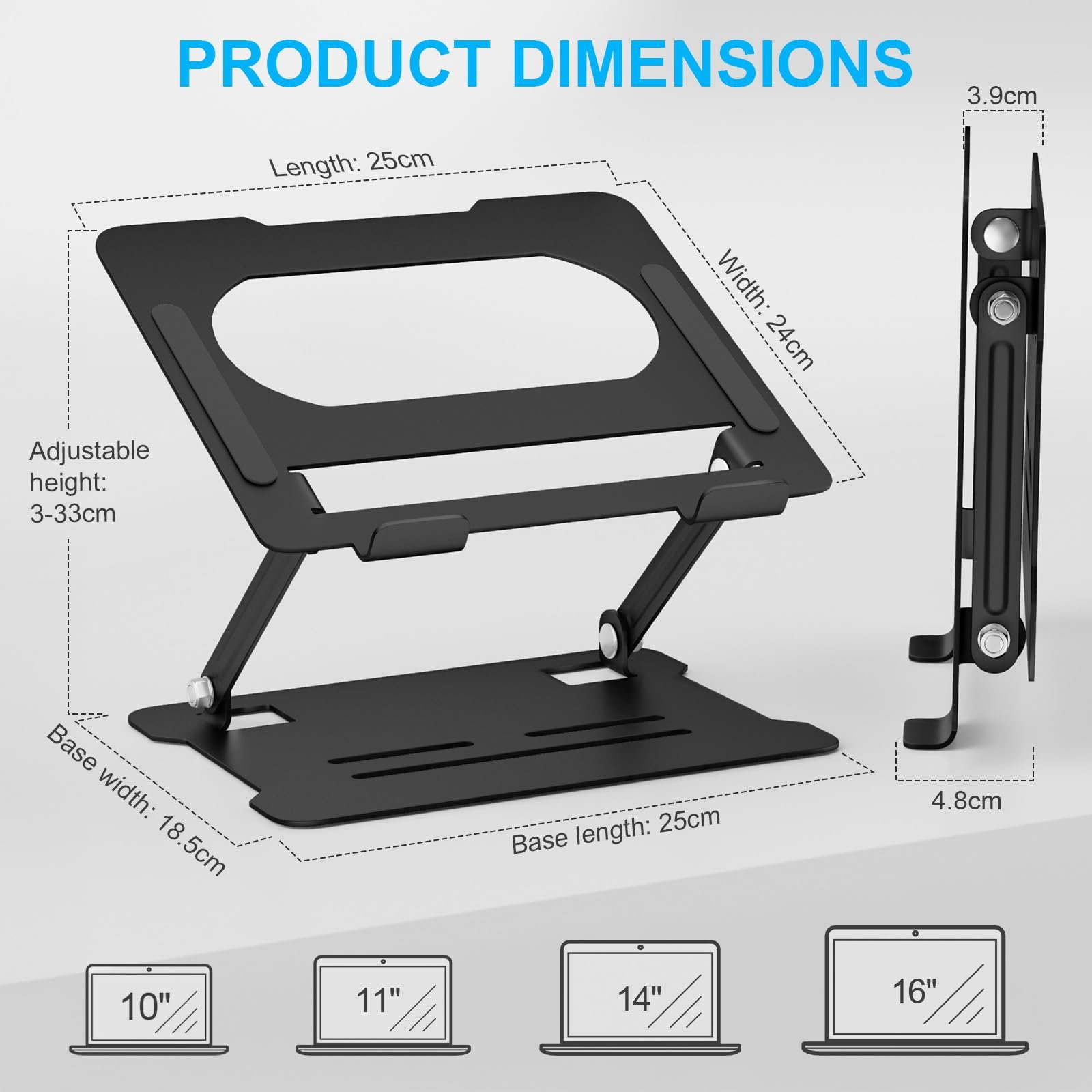 Підставка для ноутбука AXFEE Регульована по висоті, Чорна Портативна з вуглецевої сталі, Ергономічна складна, фото №2