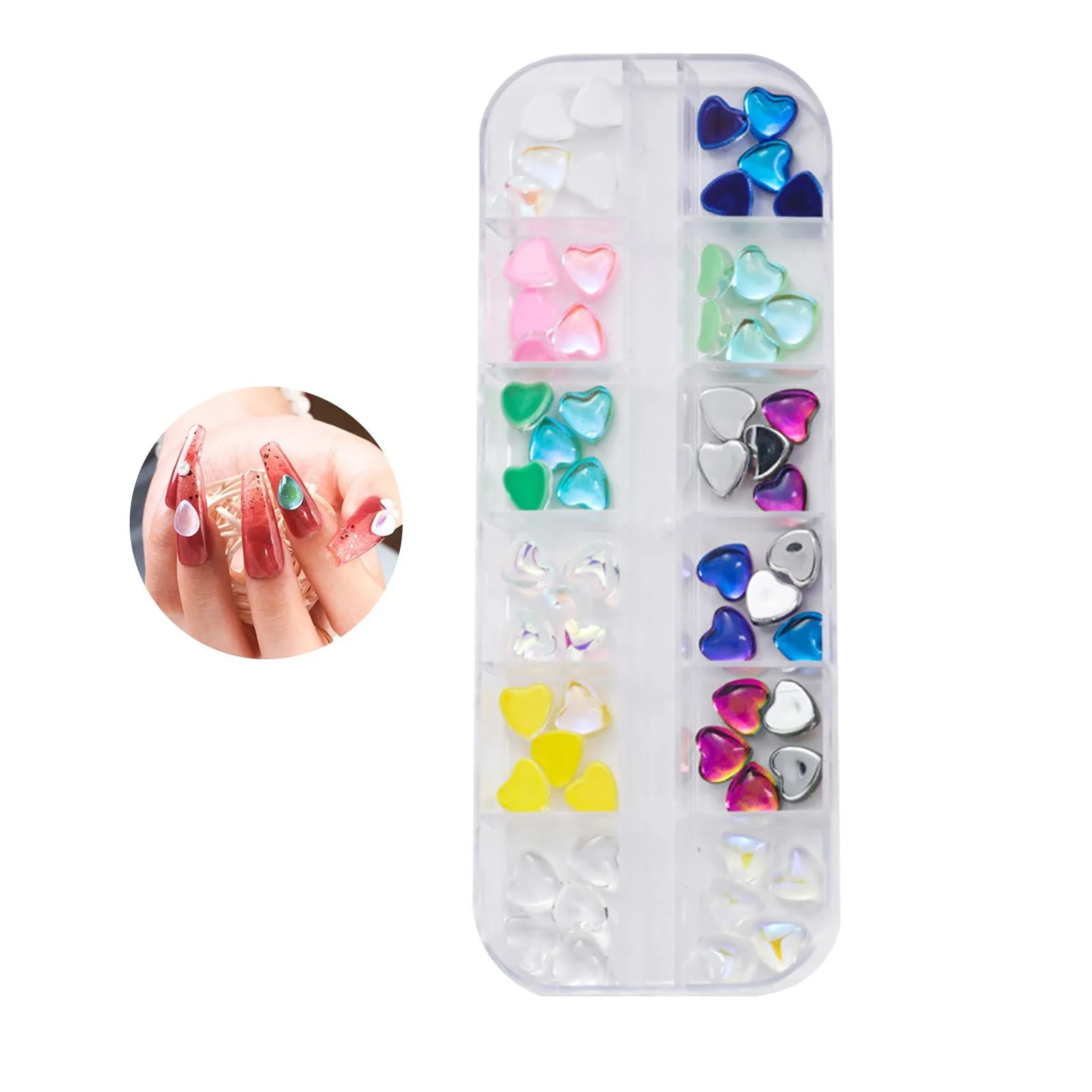 Стрази для нігтів Мікс Su Noodles Прикраса для нігтів Серце 12 відділень, 1 коробка, різнокольорові, фото №1