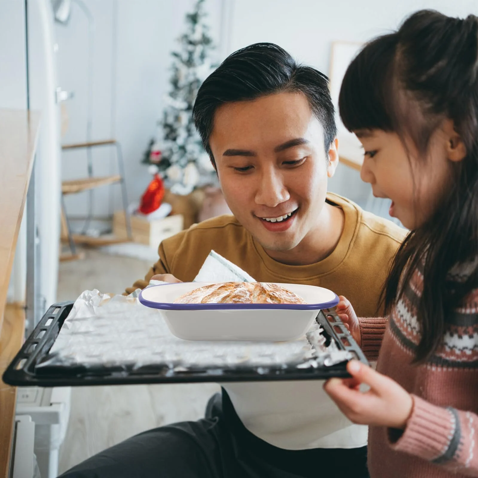 Форма для запекания OUNONA прямоугольная эмалированная с синим краем, фото №4