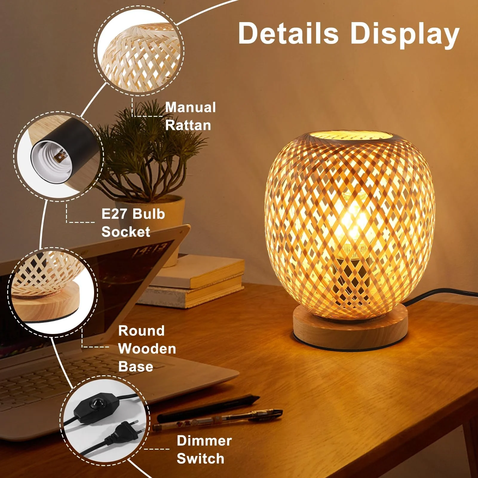 Настільна лампа Dorlink E27 Бамбукова Плетена Дерев'яна основа Димер, фото №3