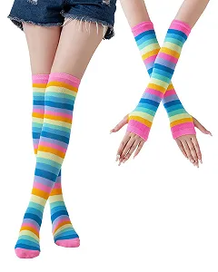 Комплект шкарпеток до колін в райдужну смужку - Фото 1