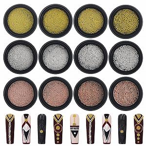 Икра для ногтей 3D украшения для ногтей 12 коробок, Мини стальные шарики, Маникюрные аксессуары для ногтей, Бисер для DIY украшения ногтей, Золотой, Серебряный, Розовое золото - Фото 1