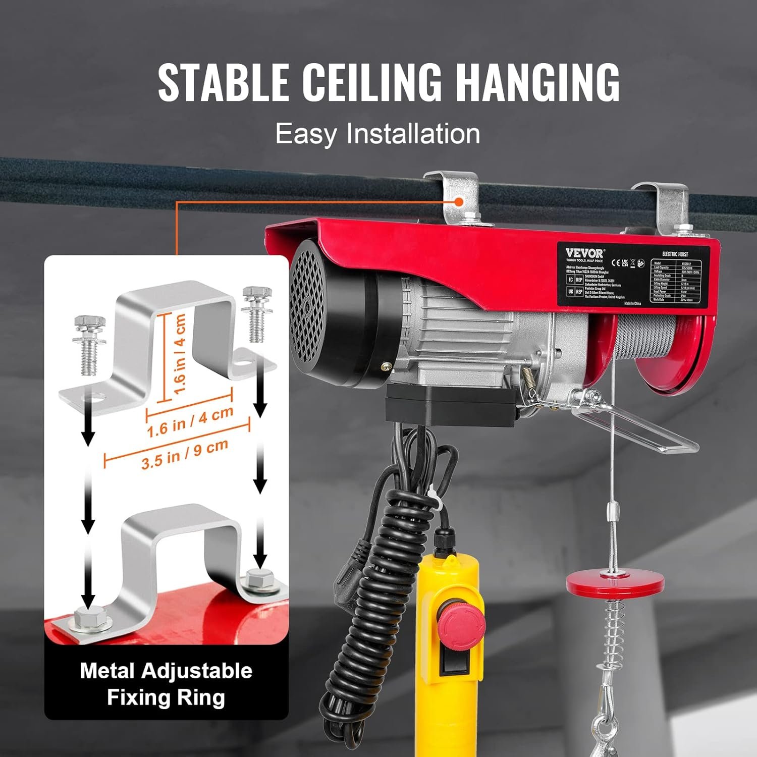 Электрическая лебедка VEVOR YX550-2 / 12 м / 510W / до 250 кг / 10 м/мин / Проводное управление / Красный, фото №5