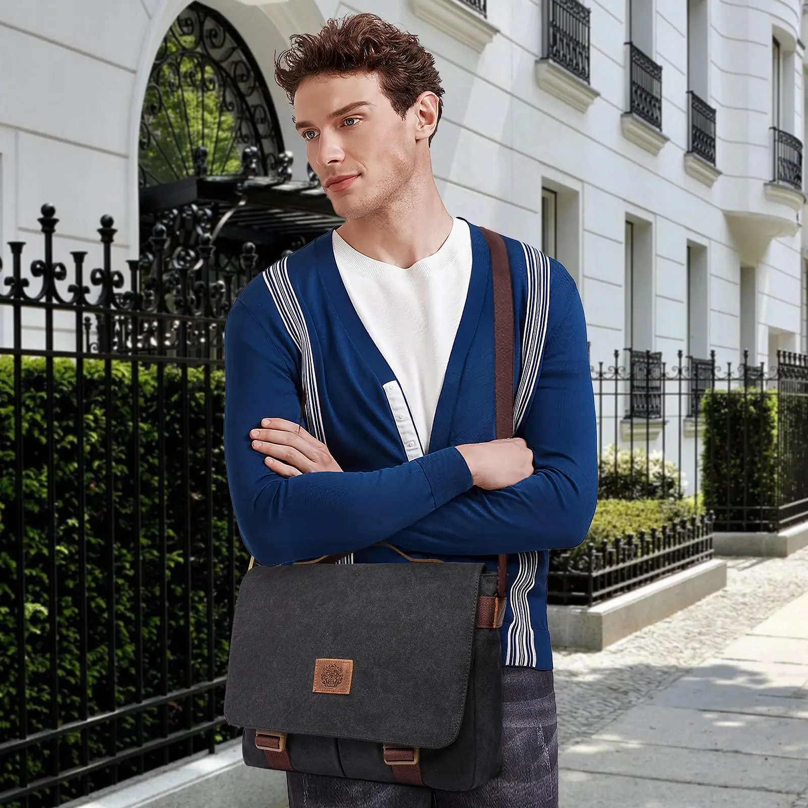 Сумка через плече POSSOBAG Vintage чоловіча, для ноутбука 15 дюймів, велика ємність, чорна, фото №7