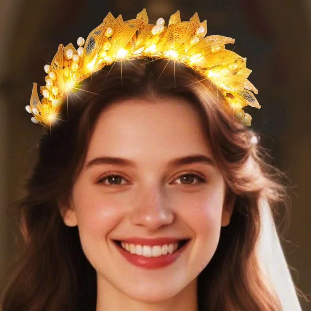 Обруч Zoestar Весільний зі світлодіодами Листя, Богиня, Бісер, Золотий, фото №3 Обруч Zoestar Весільний зі світлодіодами Листя, Богиня, Бісер, Золотий, фото №3