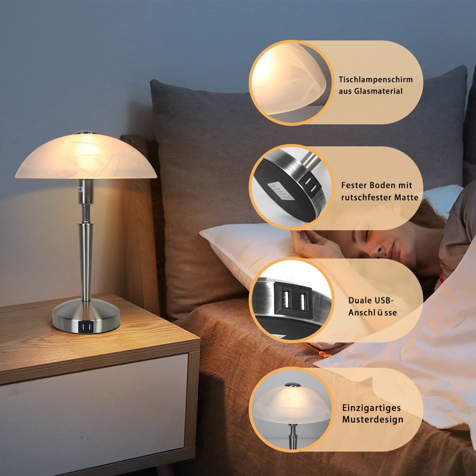 Настільна лампа з сенсорним димером матова латунь скло алебастр срібляста, фото №5