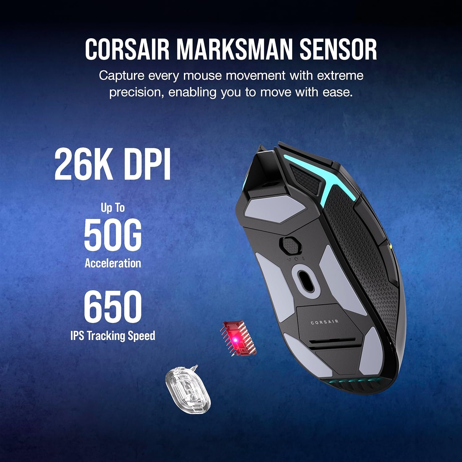 Ігрова бездротова миша Corsair NIGHTSABRE RGB / Bluetooth / Радіоканал / 26000 DPI / 8 кнопок / RGB підсвітка / Інерційне 4Д колесо / Чорна (CH-931B011), фото №4