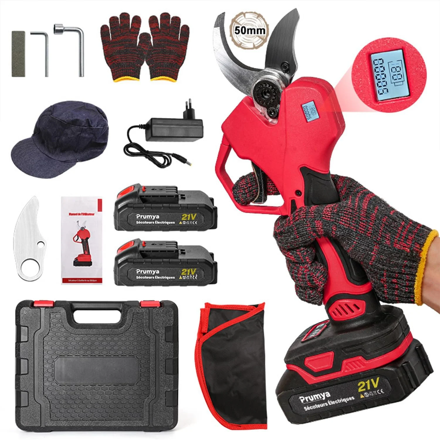 Акумуляторний електричний секатор 50 мм 1000 W 2 x 6000 mAh LCD-дисплей, фото №1