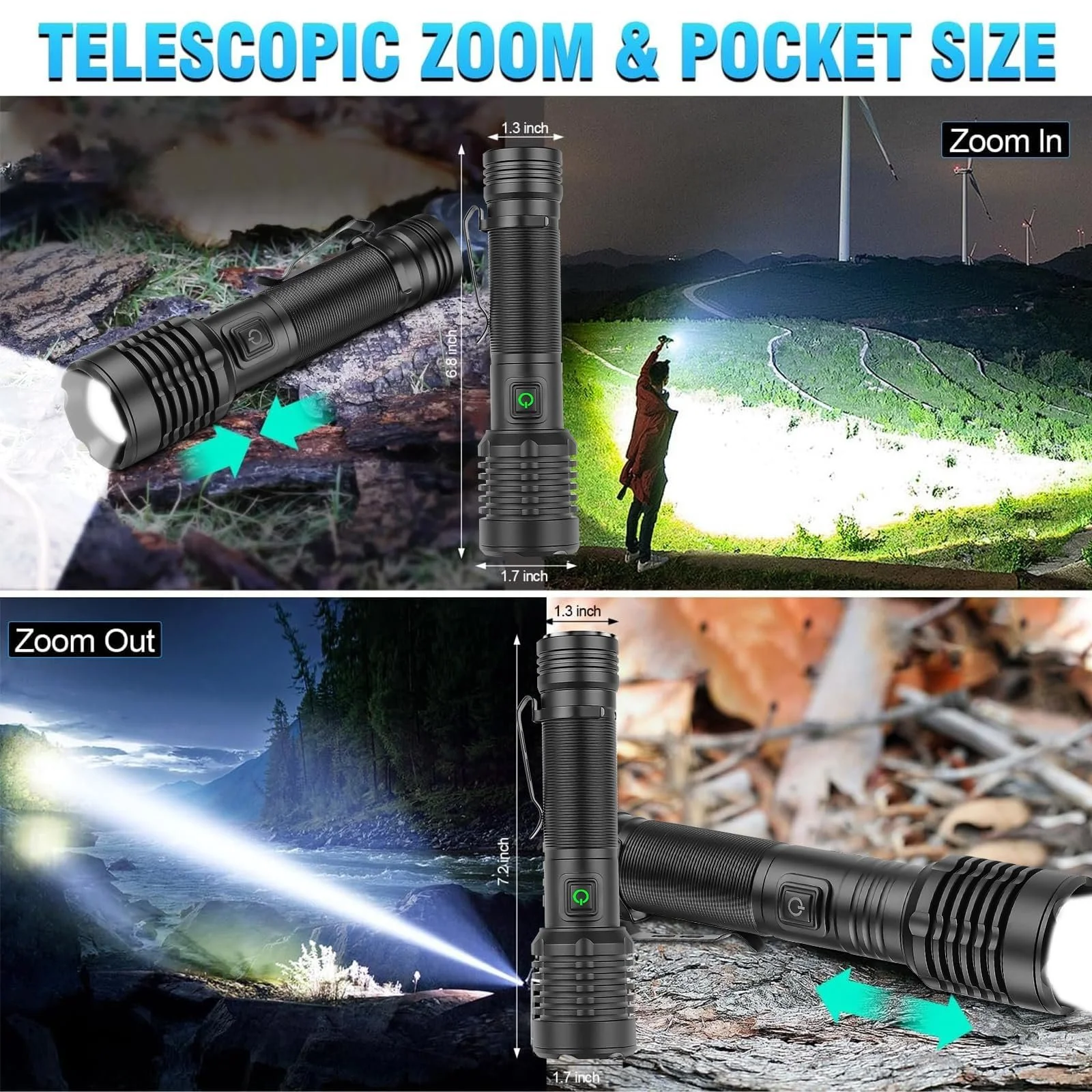 Перезаряджуваний LED ліхтар 2000 люмен тактичний надяскравий з Type-C зарядкою для кемпінгу та походів, фото №3