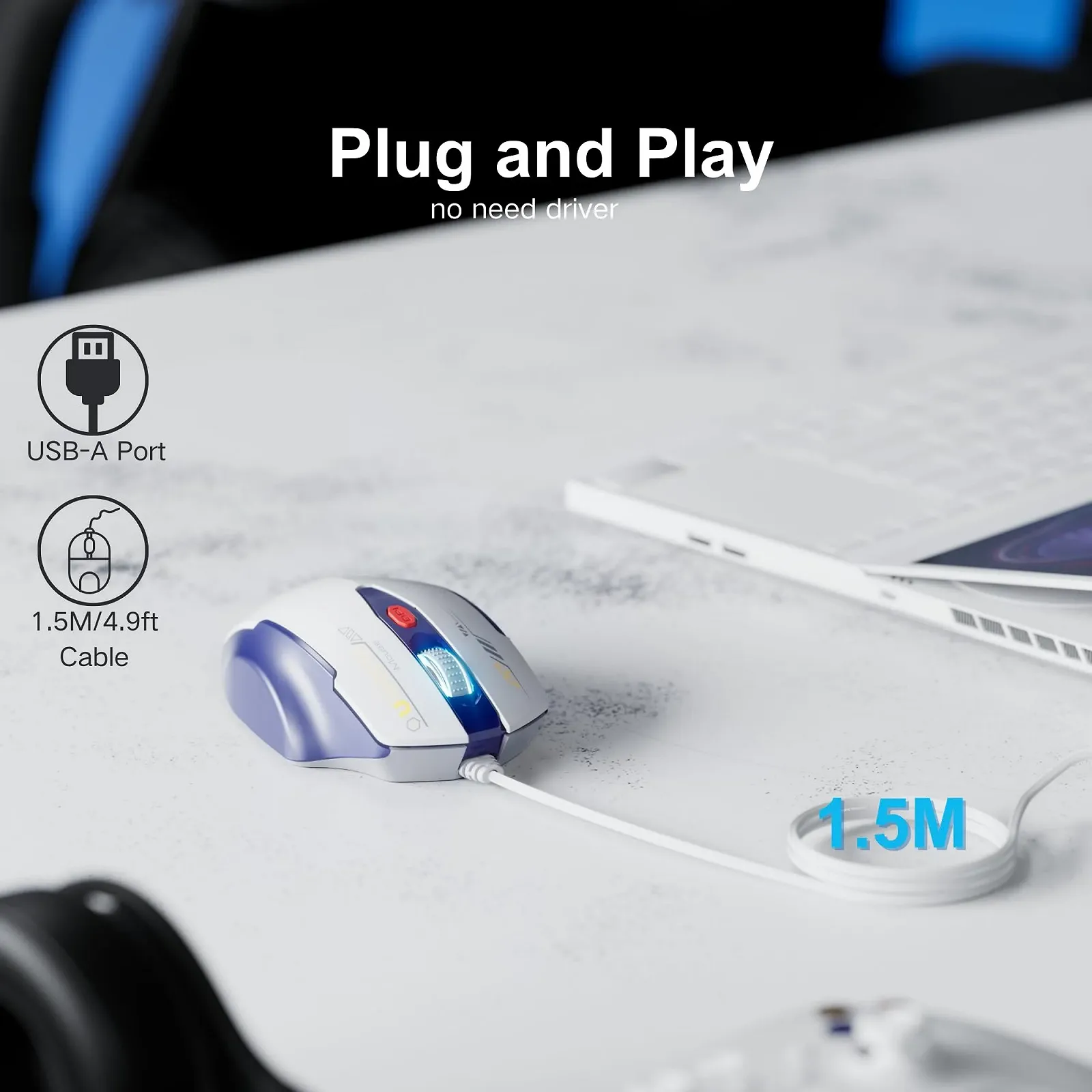 Мышь Uineer проводная, эргономичный дизайн, до 7200 DPI регулируемая, 6 кнопок, для компьютера, ПК, ноутбука, Plug & Play, сине-белая, фото №3