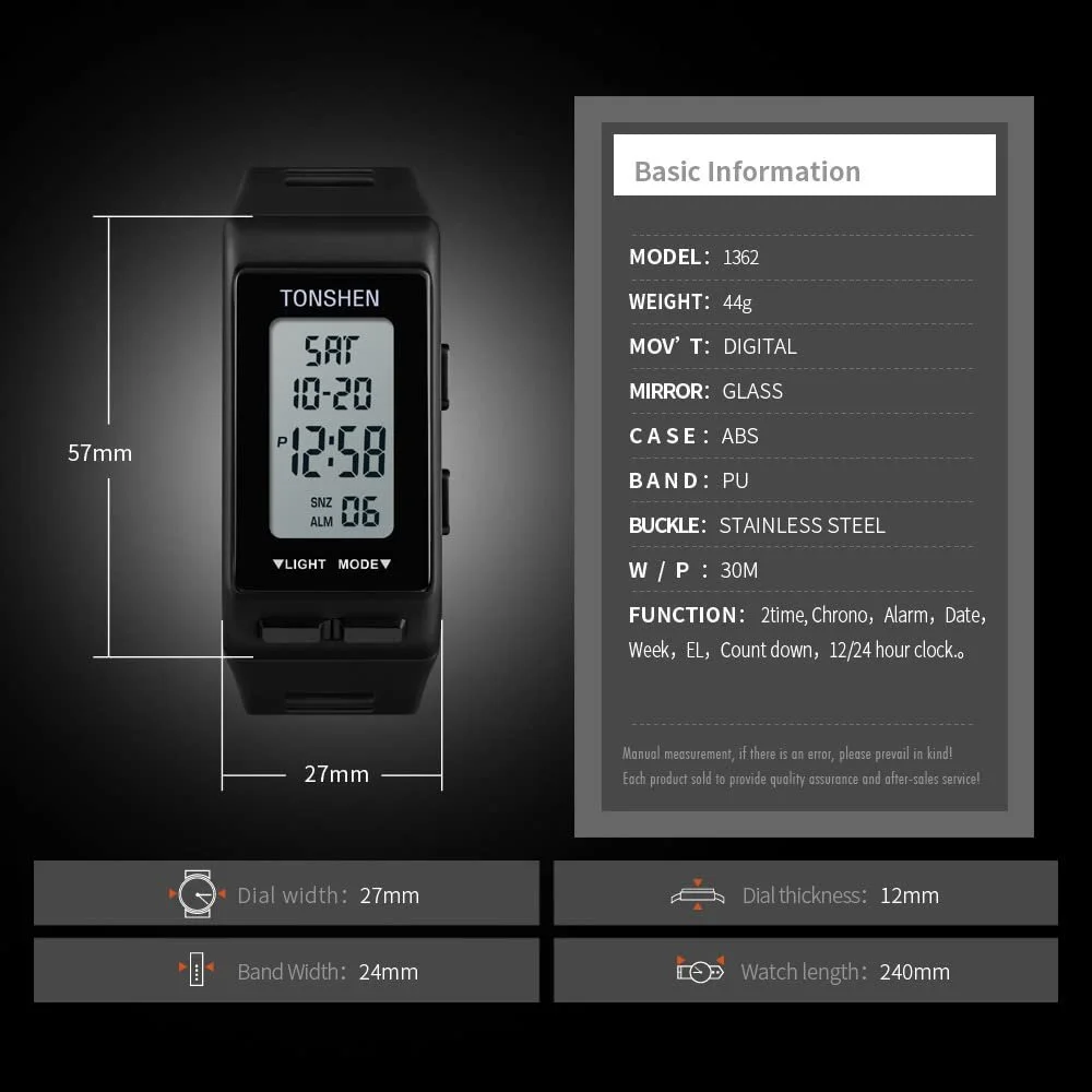 Цифровий годинник TONSHEN Чоловічий та жіночий Спортивний багатофункціональний світлодіодний електронний Подвійний час, фото №4 Цифровий годинник TONSHEN Чоловічий та жіночий Спортивний багатофункціональний світлодіодний електронний Подвійний час, фото №4