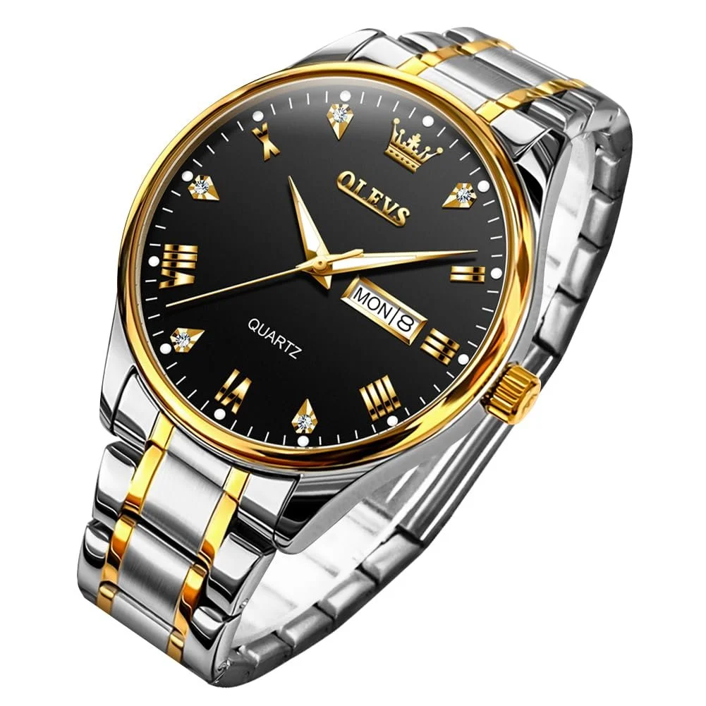Часы OLEVS Мужские Легкочитаемые с ремешком из нержавеющей стали Водонепроницаемый Календарь 5563: Черный/Золотой, Браслет, фото №1