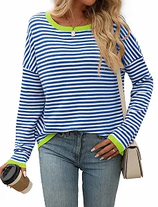 Свитшот Maeau Женский Оверсайз В полоску С круглым вырезом Повседневный Пуловер Свободный Пуловер Y2K Рубашка Длинный Рукав Осень Зима S M L XL XXL - Фото 1