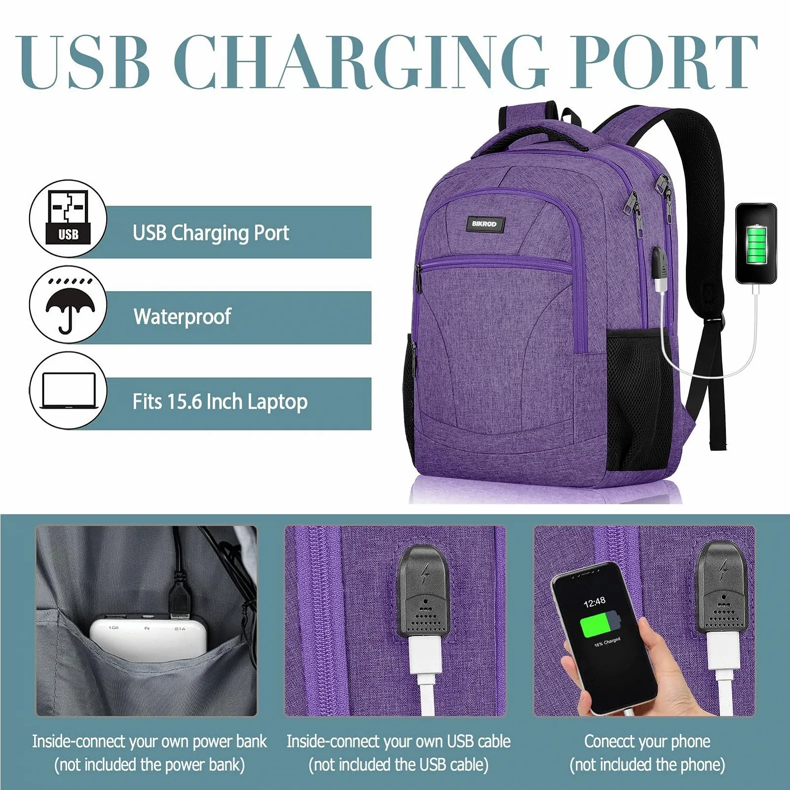 Рюкзак для ноутбука BIKROD 15.6 дюймов с USB-портом для зарядки, фото №4 Рюкзак для ноутбука BIKROD 15.6 дюймов с USB-портом для зарядки, фото №4