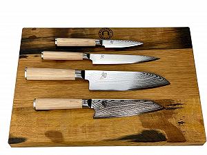 Набір ножів KAI Shun Classic White DM-0700W, DM-0701W, DM-0702W, DM-0777W, сталь, дерево, білий + Дерев'яна дошка 40 x 30 см - Фото 1