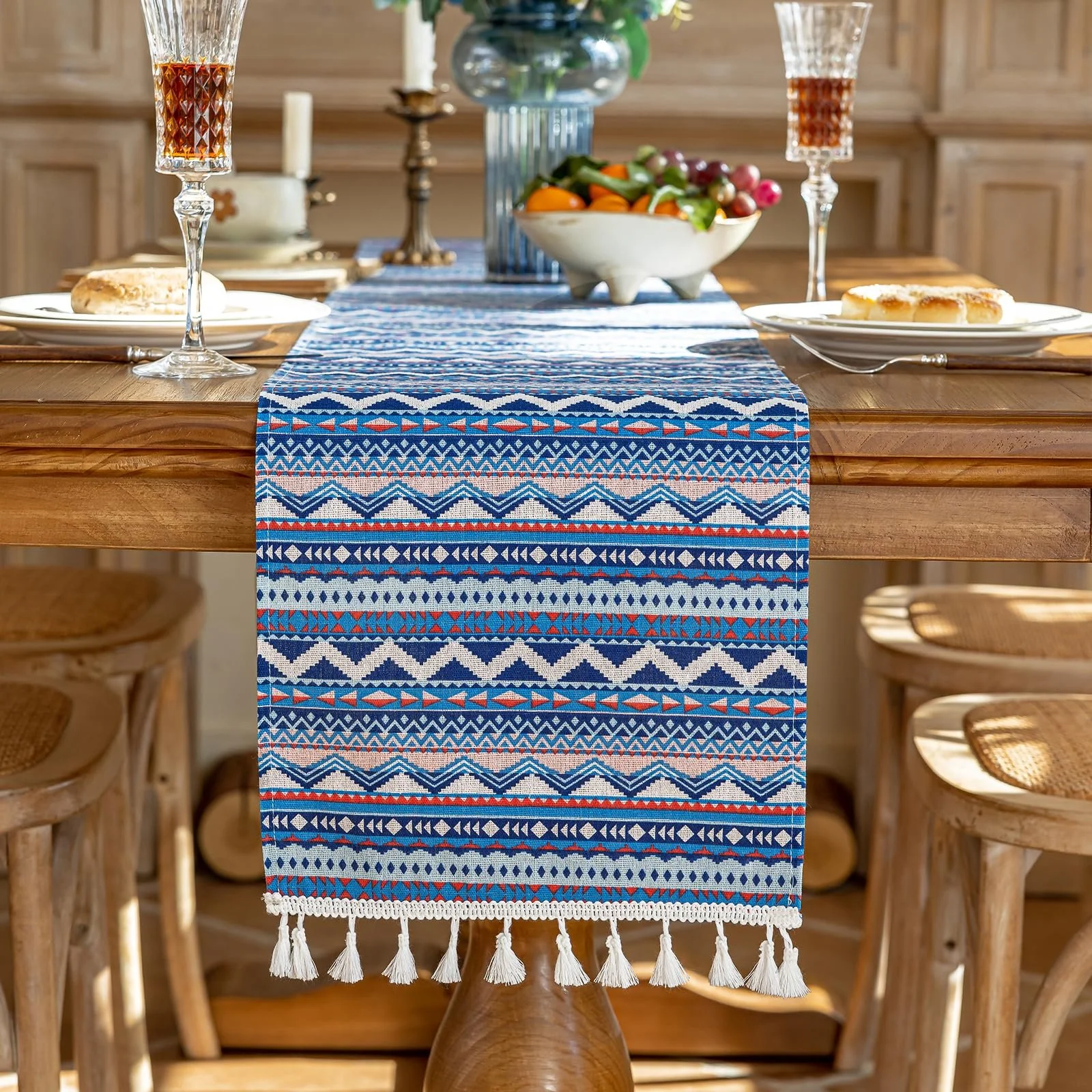 Столова доріжка Boho 180 x 30 см що миється Геометрія з китицями Блакитна, фото №4 Столова доріжка Boho 180 x 30 см що миється Геометрія з китицями Блакитна, фото №4