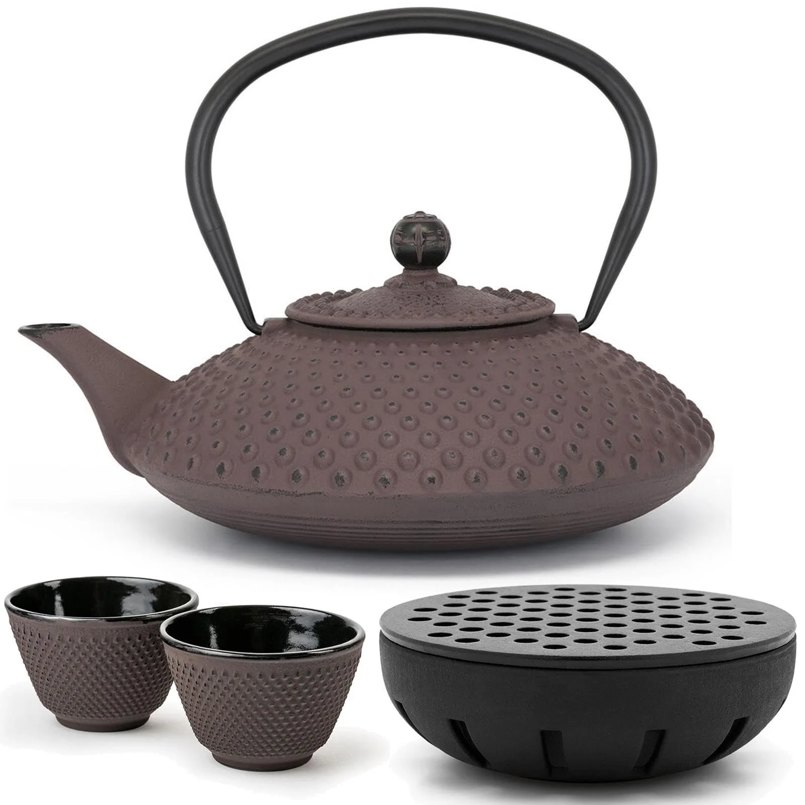 Чайник-заварник чавунний Bredemeijer Asia Flat 1.25 літра, баклажановий, з грілкою для чаю, 2 чашками та фільтром, фото №1