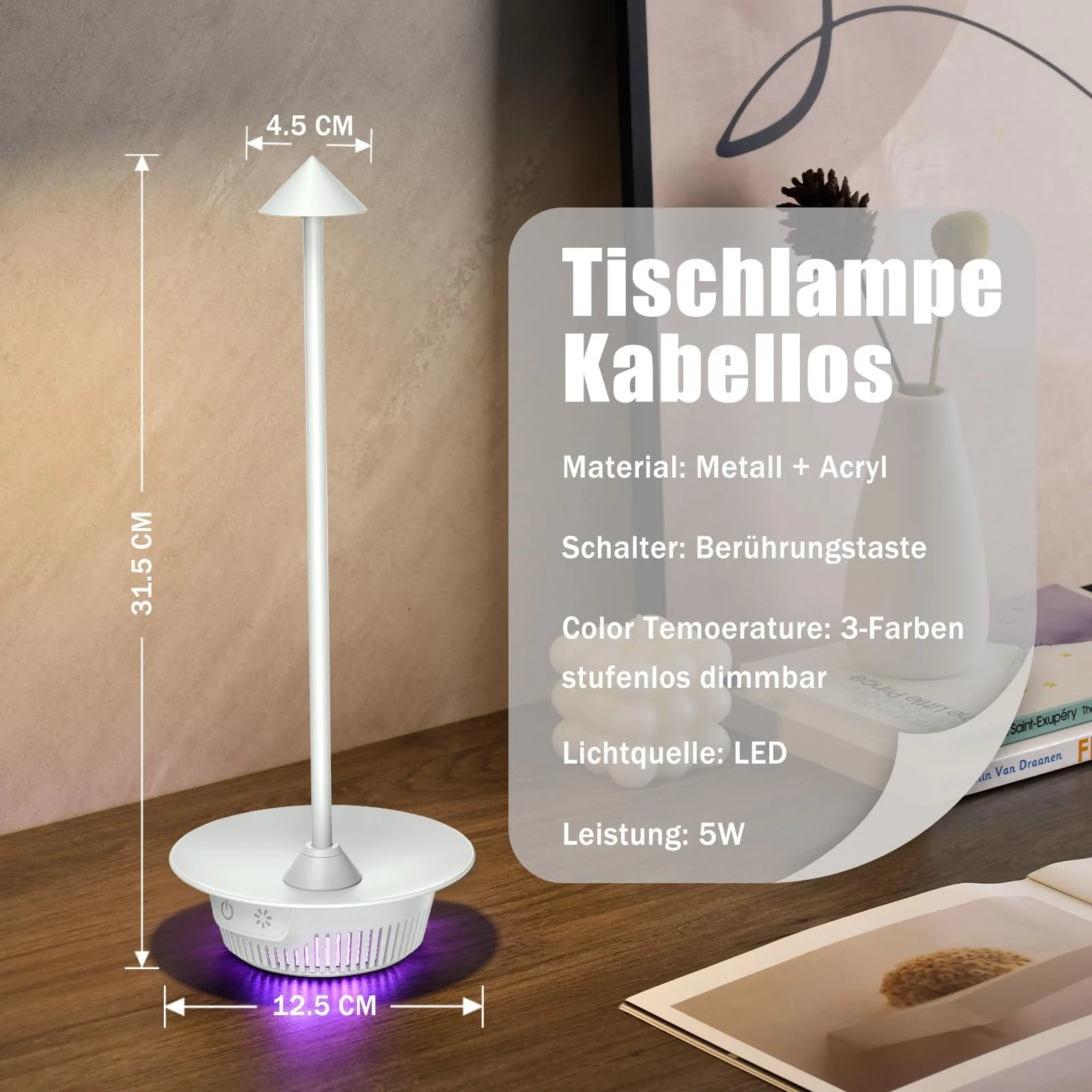 Настільна лампа CCHKFEI LED Battery Wireless Dimmable Touch USB Rechargeable Modern Outdoor, фото №6