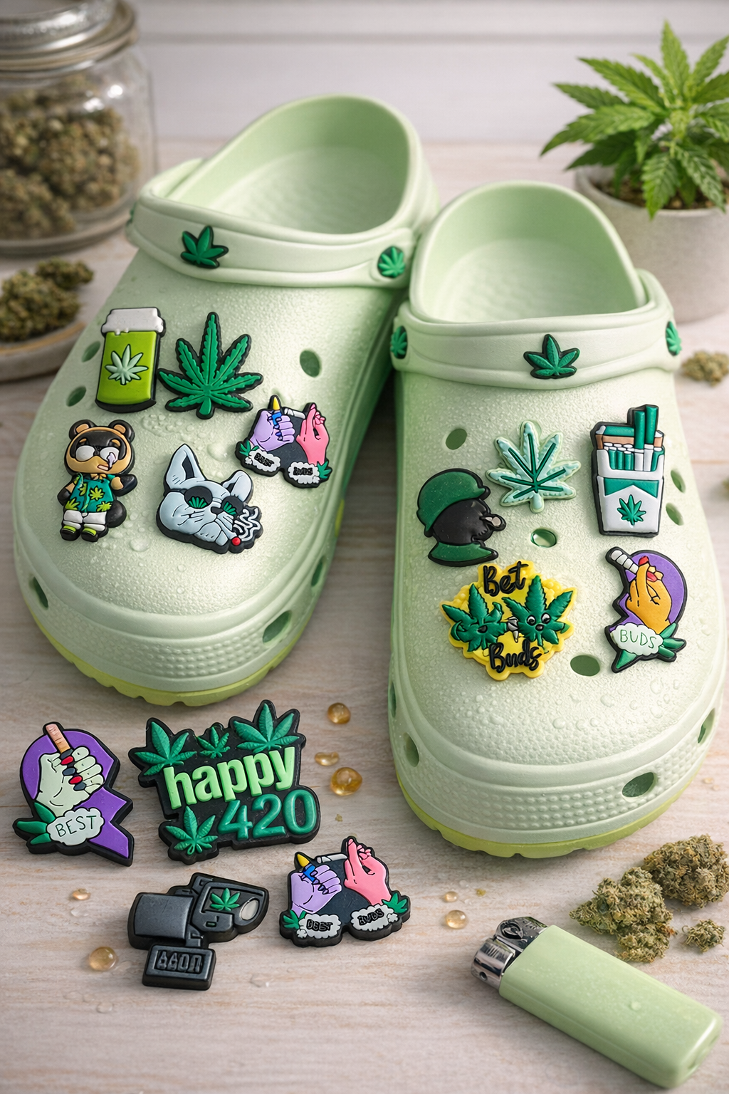 Джибітси Зелене листя Cannabis Jibbitz Регі прикраси для сабо та кроксів аксесуари крокс прикраса для взуття 13 шт, фото №1