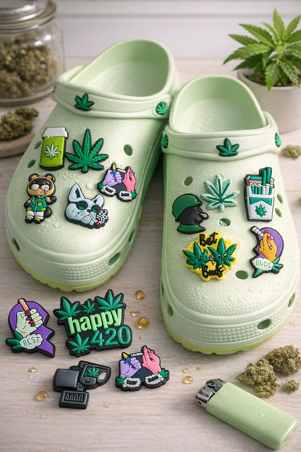 Джибитсы Зеленые листья Cannabis Jibbitz Регги украшения для сабо и кроксов аксессуары крокс украшение для обуви 13 шт, фото №1