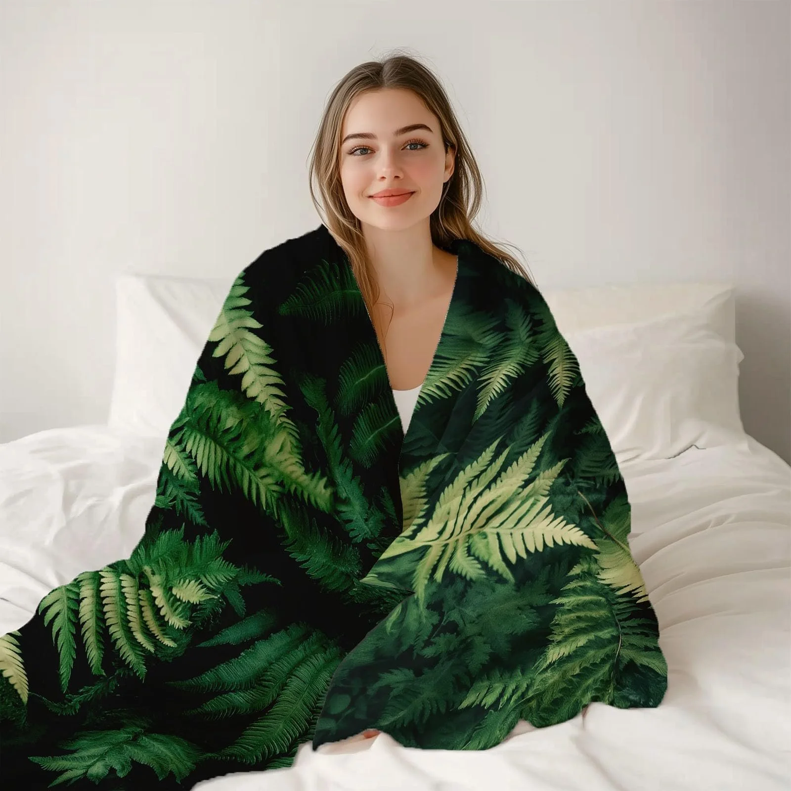 Одеяло Flanell 150 x 200 см, Натуральные Папоротник Листья, с принтом, Мягкое, Пушистое, Теплое, Зеленое, Черное, фото №3