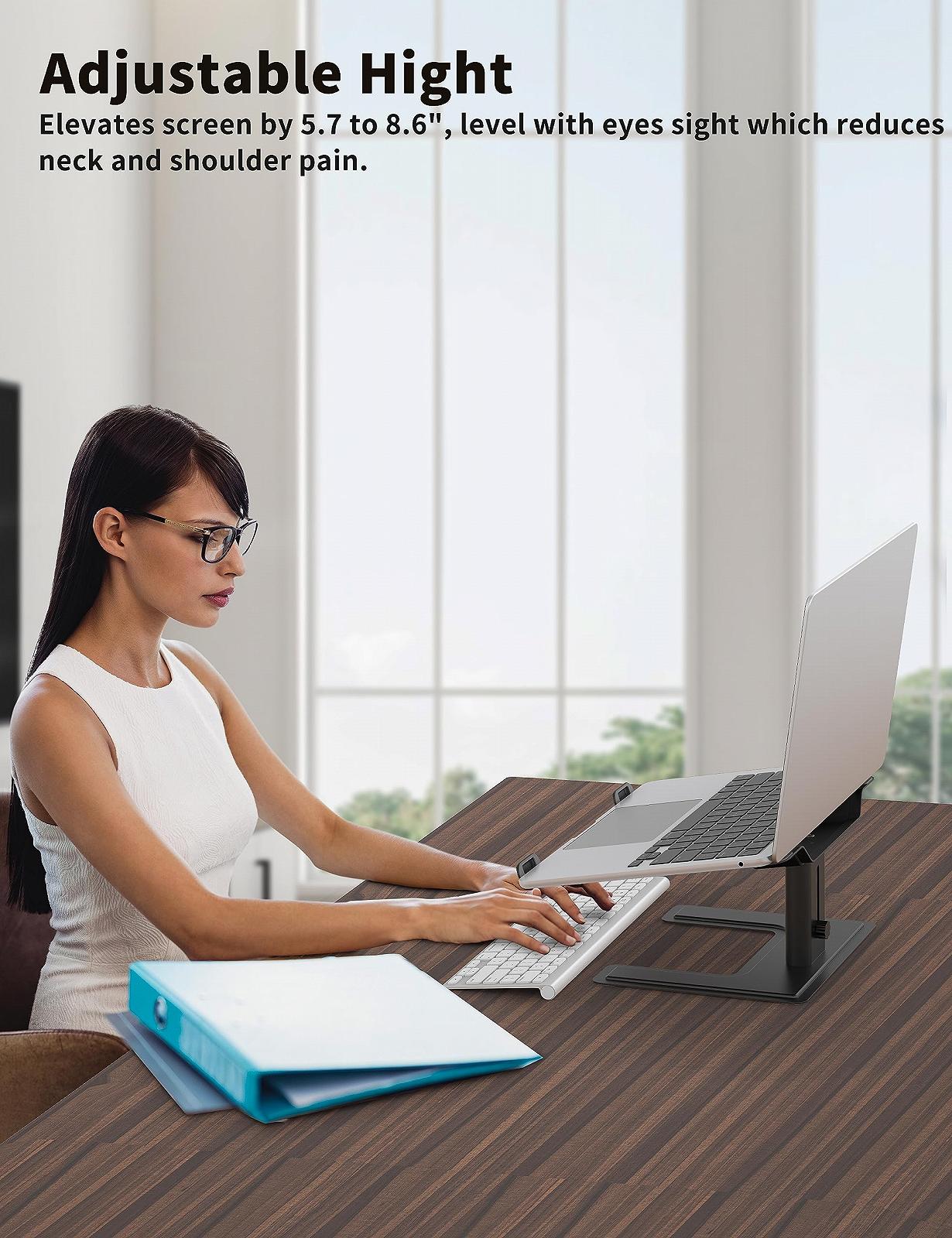 Підставка для ноутбука ALASHI, регульована по висоті, ергономічна, алюмінієва, металева, сумісна з ноутбуками 10-15.6 дюймів, чорна, фото №3