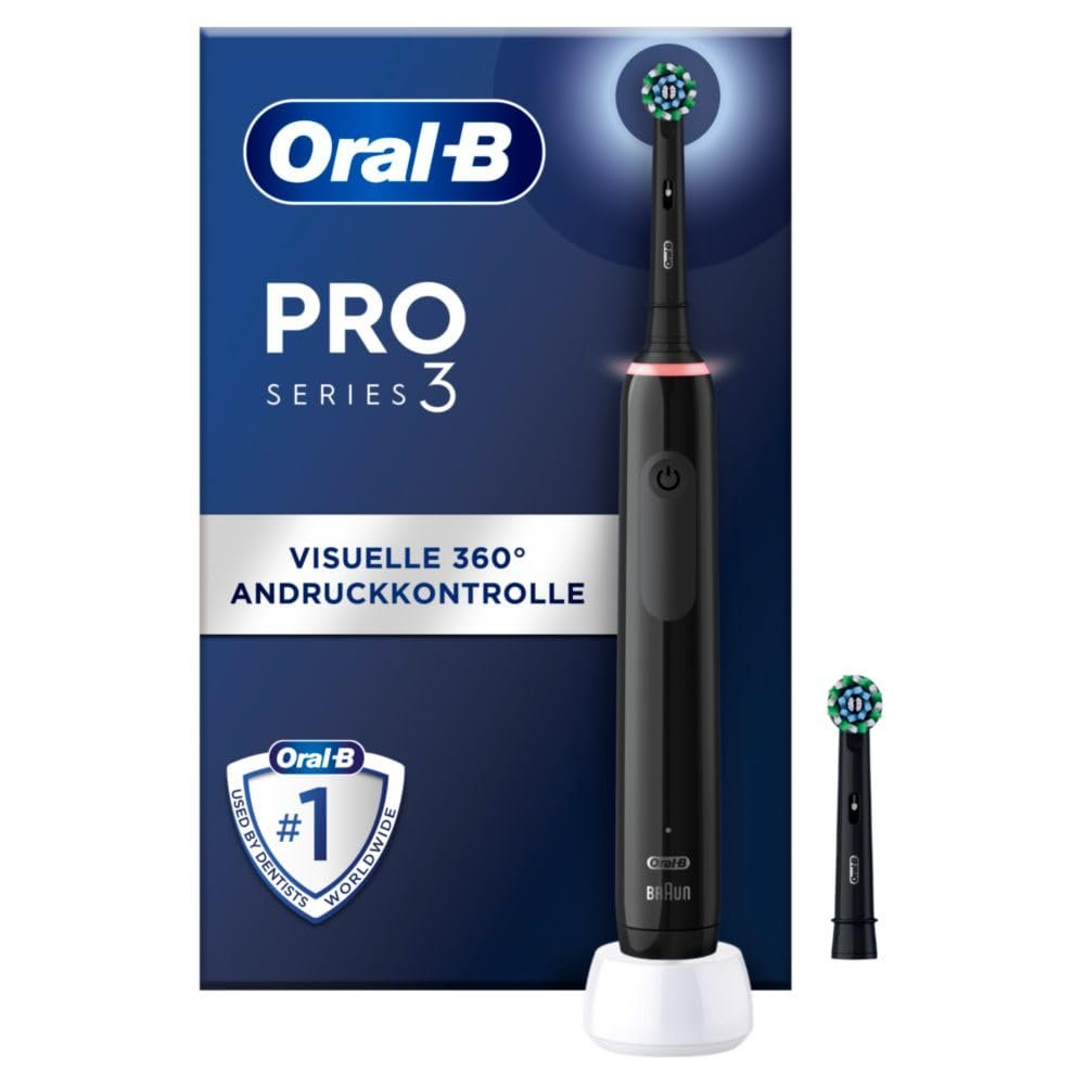 Електрична зубна щітка Oral-B PRO 3 3000, 2 змінні насадки CrossAction, 3 режими чищення, візуальний контроль тиску 360°, чорний, фото №1
