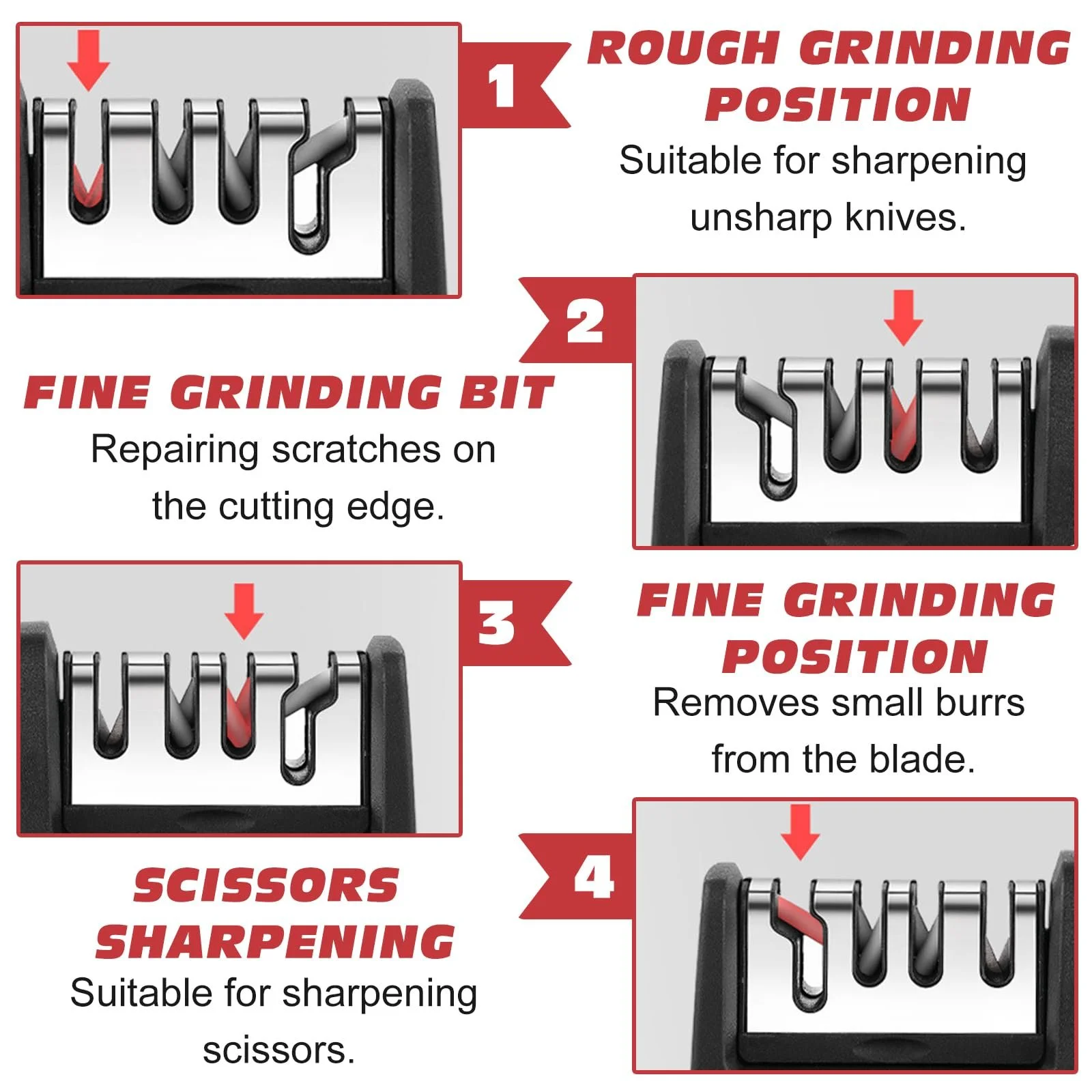 Точилка для ножів професійна 4-рівнева вольфрамова сталь ручна 21x6x5 см Чорний, фото №5