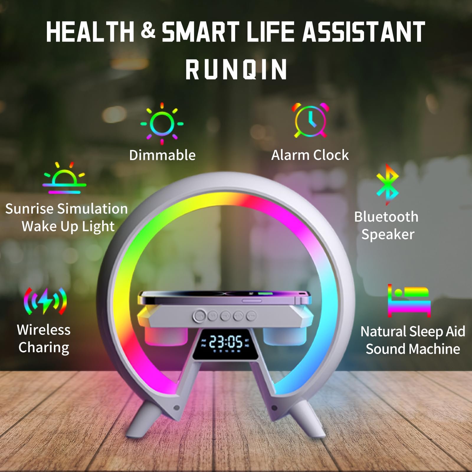 Настільна лампа Runqin Atmosphere Lamp Wireless Charger Bluetooth Speaker Alarm Clock LED White, фото №2