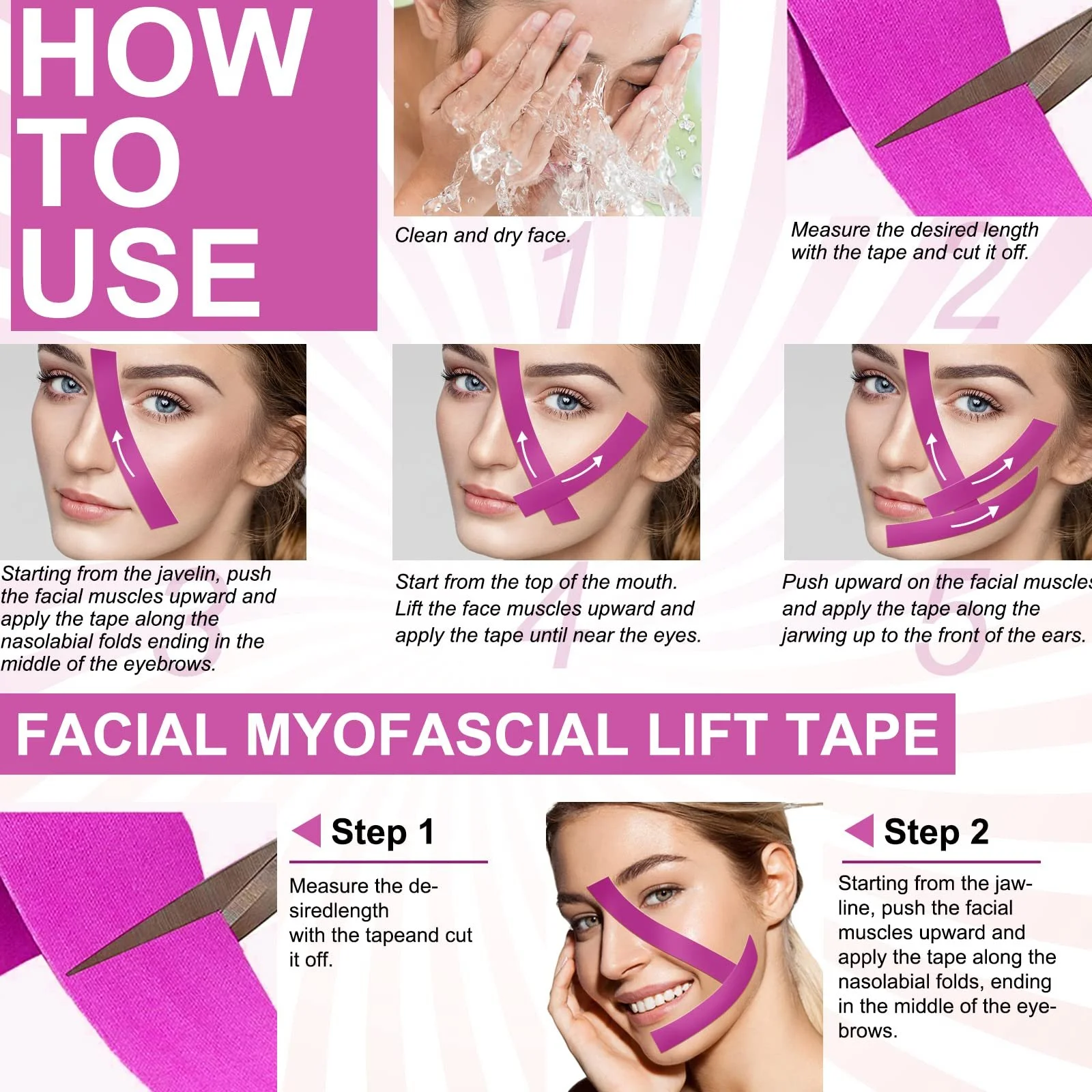 Стрічка для підтяжки обличчя, 2 шт, рожевий (2,5 x 500 см / рулон), фото №9