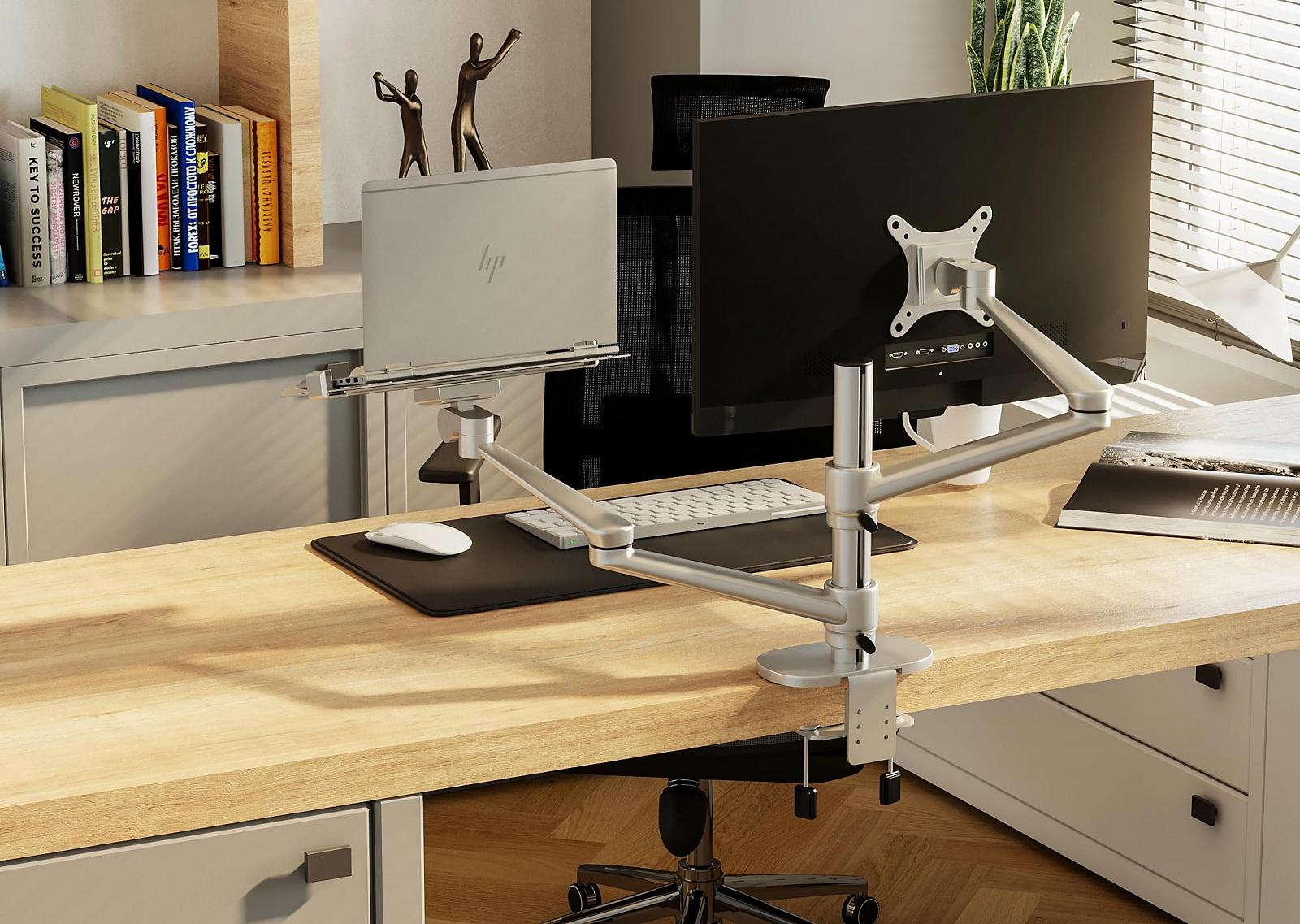 Тримач 2-в-1 для ноутбука та монітора Alberenz Регульований Подвійний Кронштейн для ноутбуків 12-17 дюймів та моніторів 17-32 дюймів Сріблястий, фото №7 Тримач 2-в-1 для ноутбука та монітора Alberenz Регульований Подвійний Кронштейн для ноутбуків 12-17 дюймів та моніторів 17-32 дюймів Сріблястий, фото №7