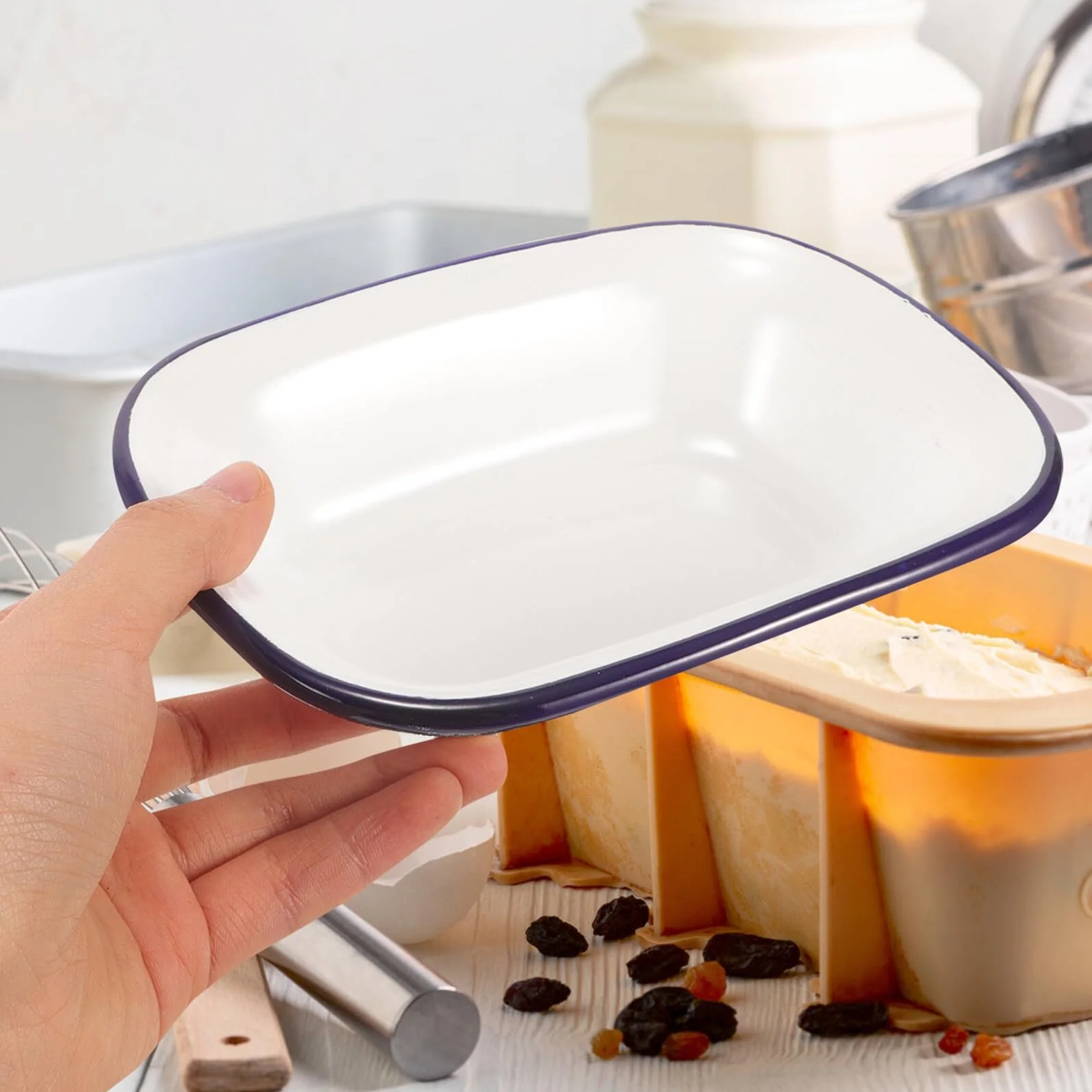 Форма для запекания OUNONA прямоугольная эмалированная с синим краем, фото №2