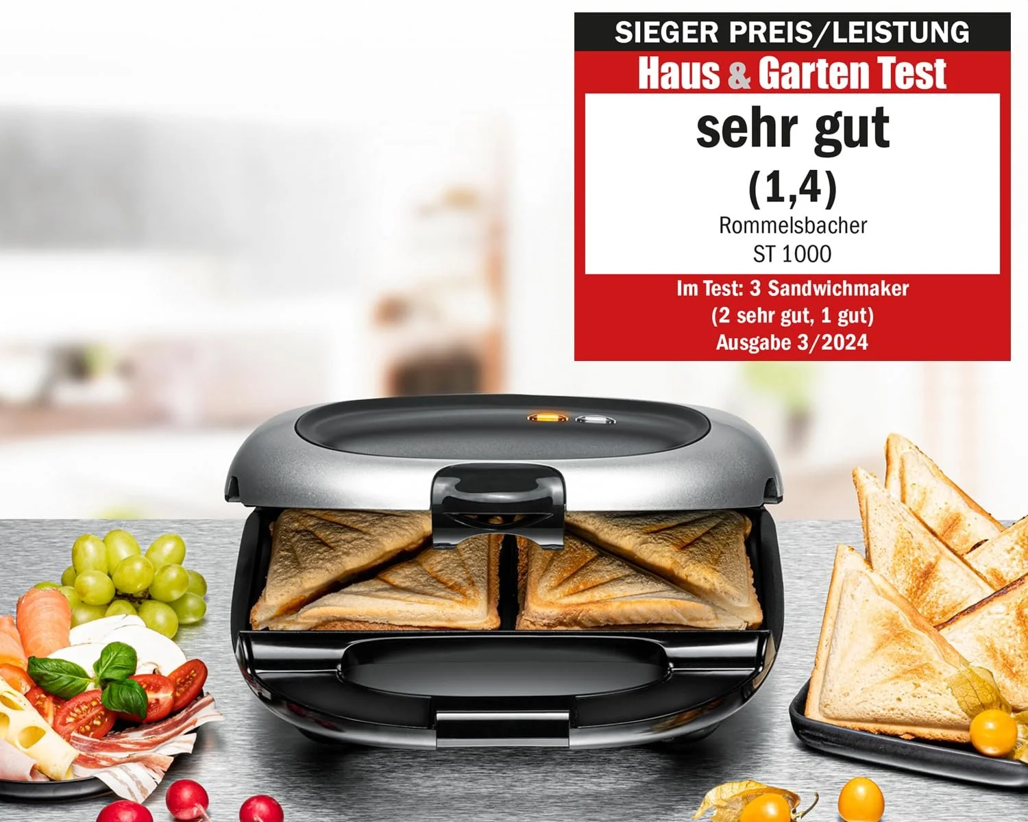 Сендвічниця ROMMELSBACHER ST 1000 з поглибленими камерами для випікання, для 2 американських XL сендвічів, фото №2