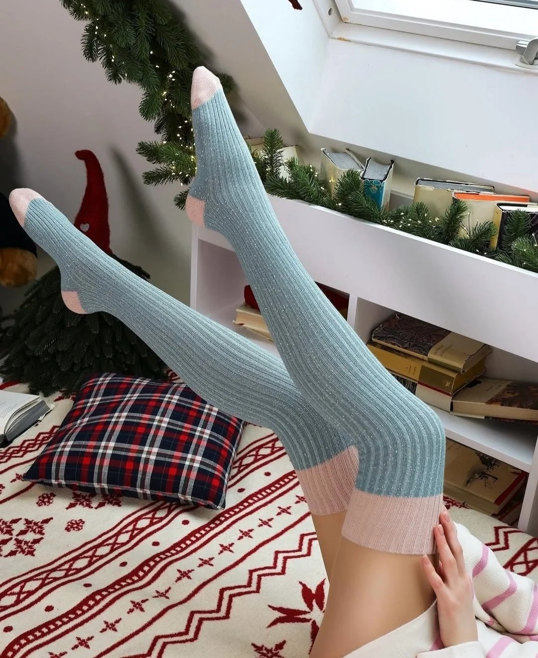 Блакитні зимові гетри вище коліна з вовни мериноса для дівчини, фото №1