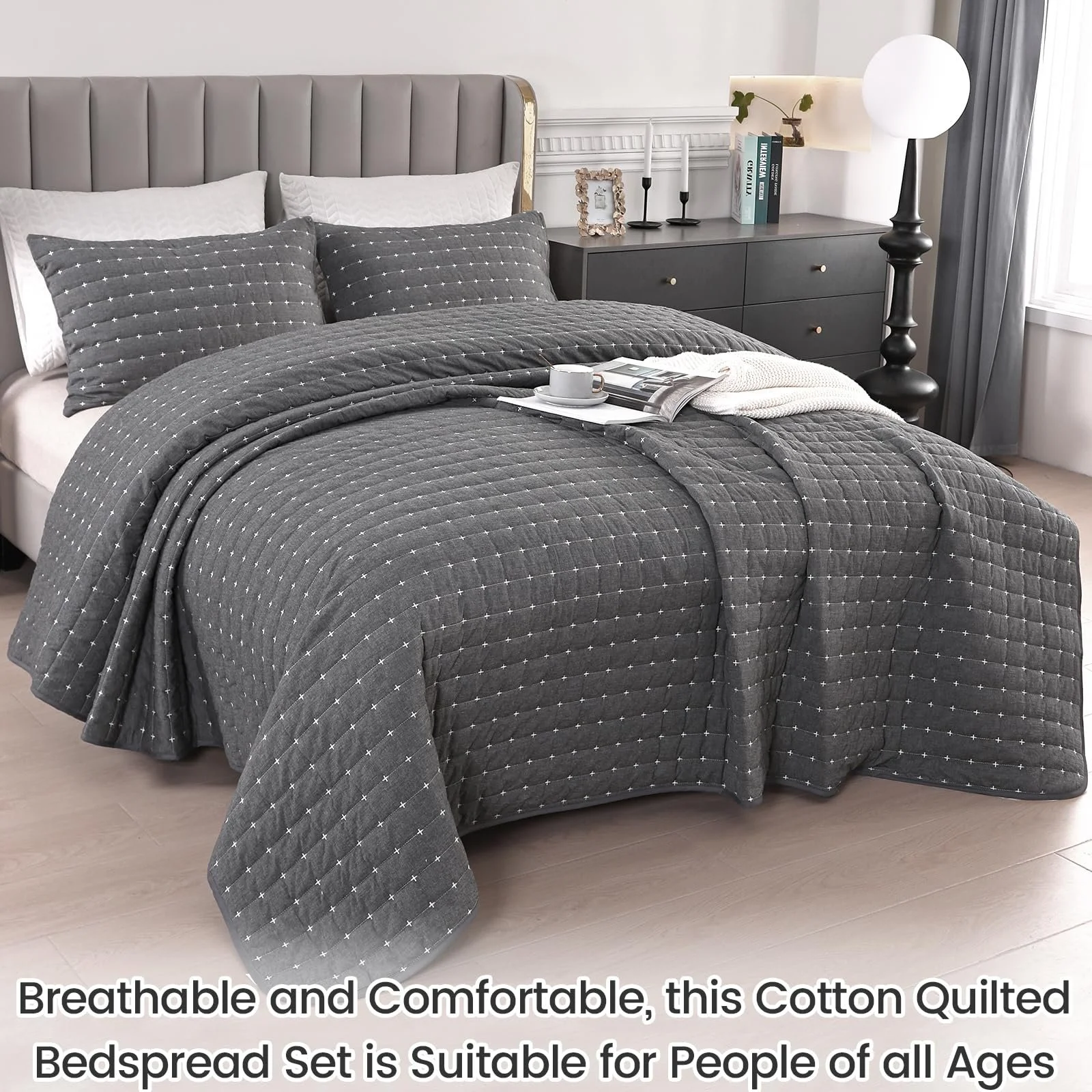 Покрывало Qucover 240 x 260 см, темно-серое, 100% хлопок, ультрамягкое, вышитое, стеганое, с 2 наволочками, плед для дивана, фото №3