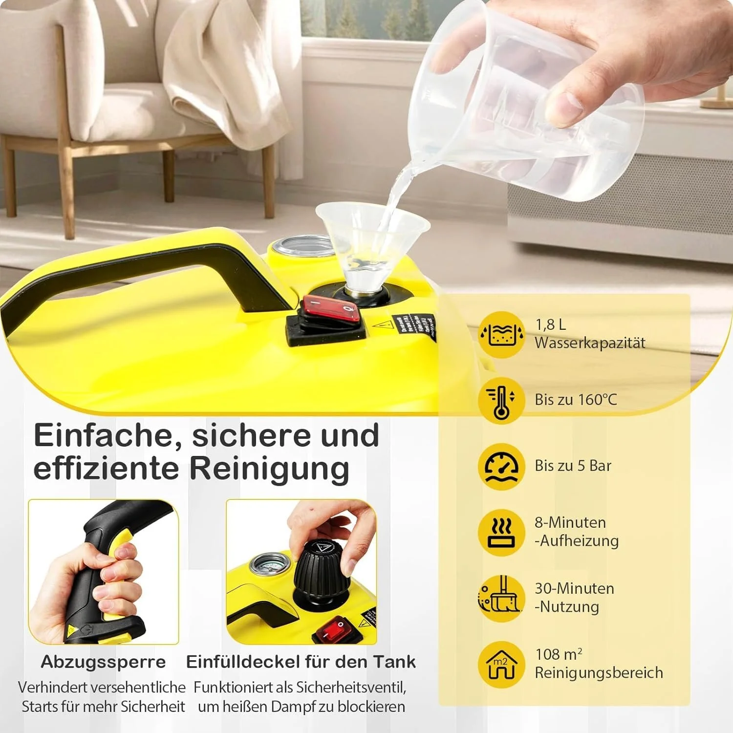 Пароочисник RELAX4LIFE 2000 Вт 5 бар 1,8 л Yellow, фото №5