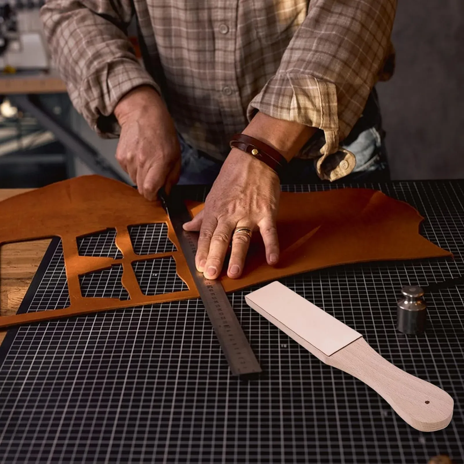 Точильный блок из кожи двухсторонний с эргономичной ручкой для кухонных ножей и ножниц, фото №8