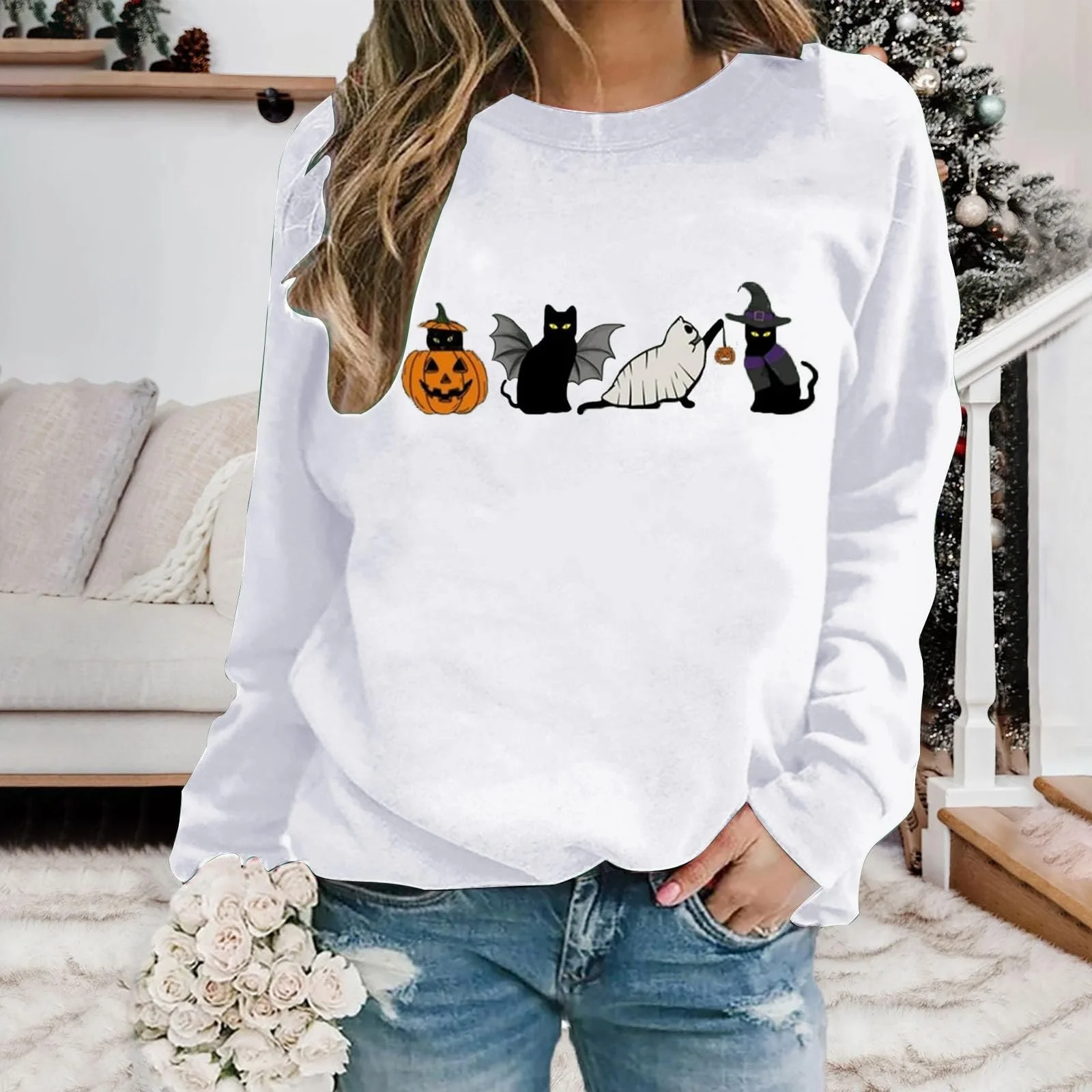 Свитшот Хэллоуин Модный с круглым вырезом Кот Хэллоуин для женщин Осень, фото №3
