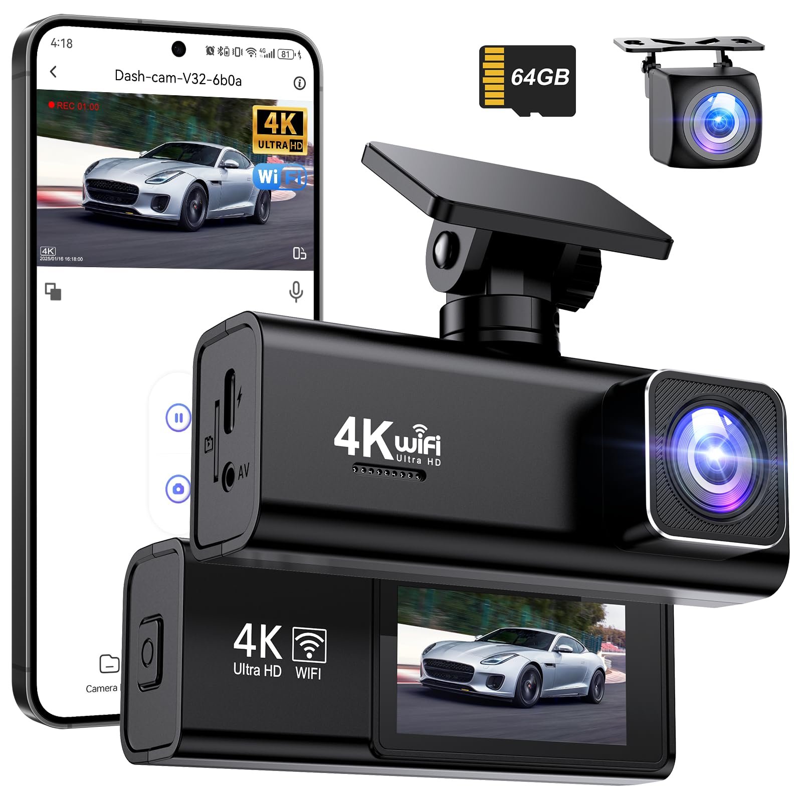 Відеореєстратор Topabol 4K + 1080P, передня і задня камери, WiFi, карта SD 64GB, нічне бачення, 170 градусів, широкий кут огляду, WDR, G-сенсор, циклічний запис, фото №1