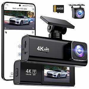 Відеореєстратор Topabol 4K + 1080P, передня і задня камери, WiFi, карта SD 64GB, нічне бачення, 170 градусів, широкий кут огляду, WDR, G-сенсор, циклічний запис - Фото 1