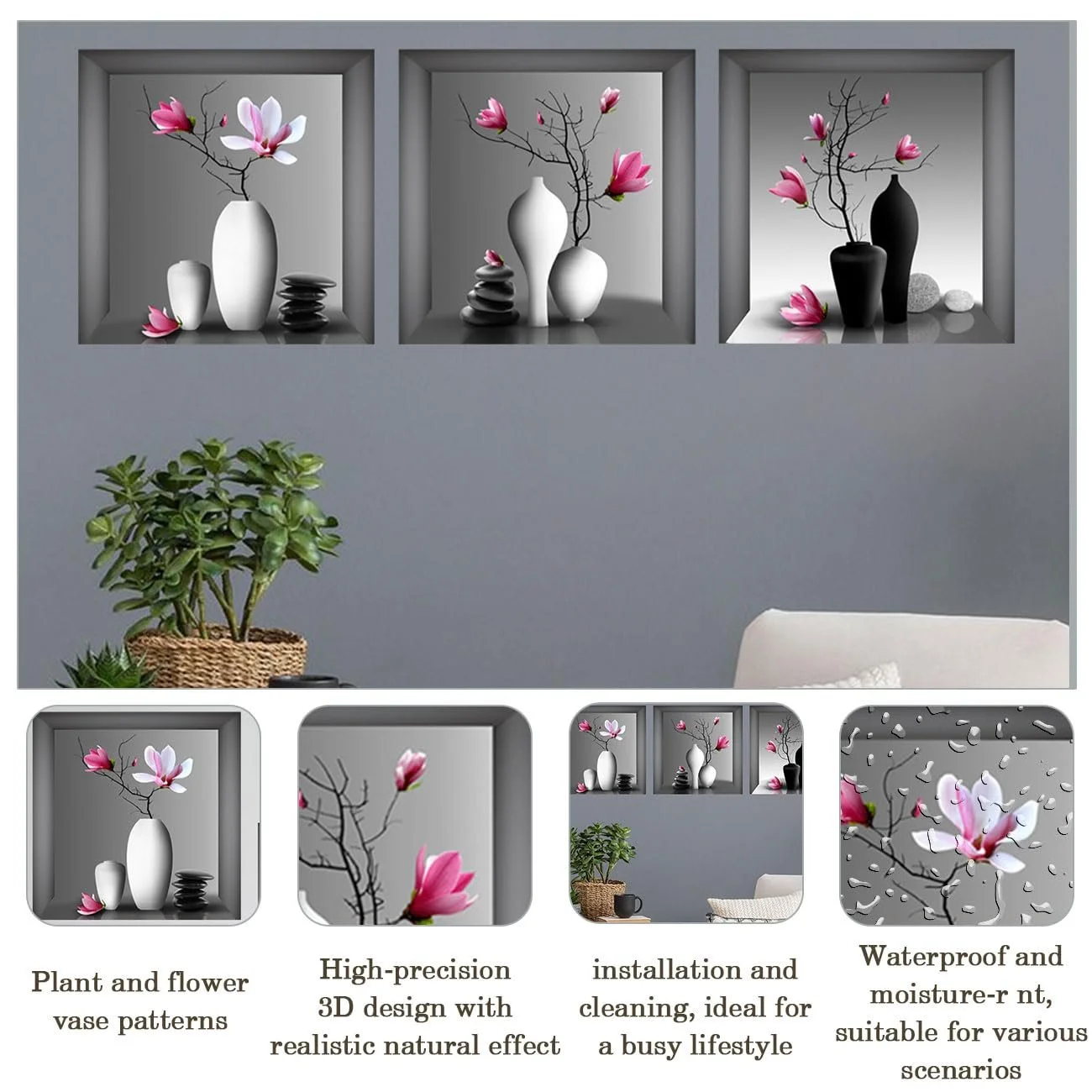 Наклейки на стіну 30 x 30 см Рослини та вази Набір 3 шт. 3D Самоклейні, фото №3