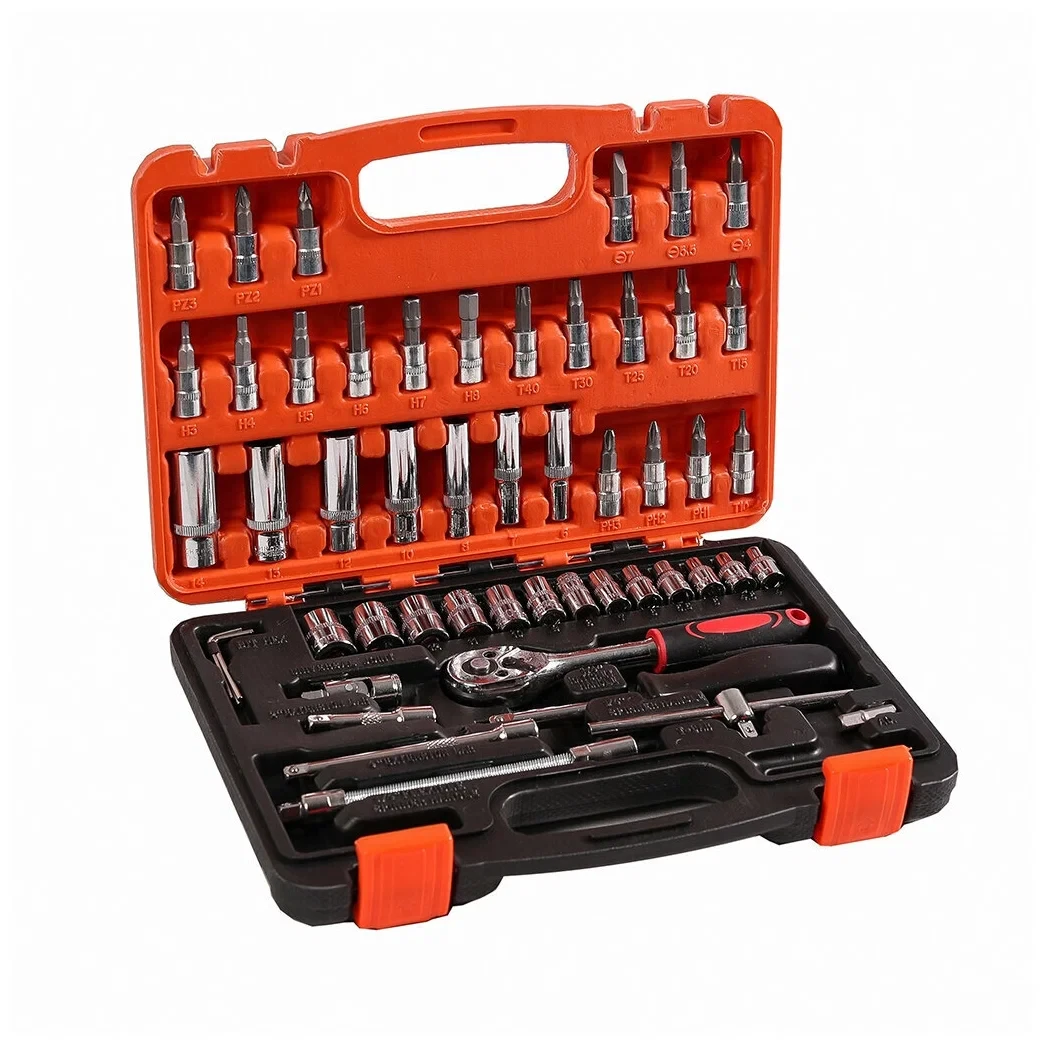 Набор торцевых головок бит с трещеткой 1/4" удлинитель вороток ключи SHUNDA 53 предмета, фото №7