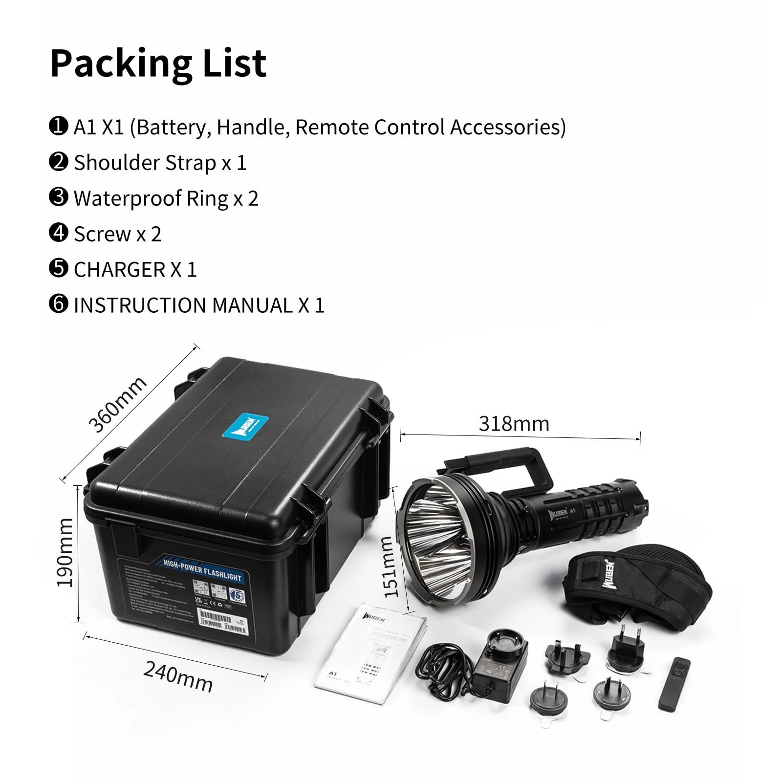 Ліхтар WUBEN A1 Перезаряджуваний 20000 Люмен 2000 м Далекобійний Пошуковий ліхтар з дистанційним керуванням, 8 режимів Швидка зарядка, Розрядка, Інтелектуальний контроль температури, фото №9