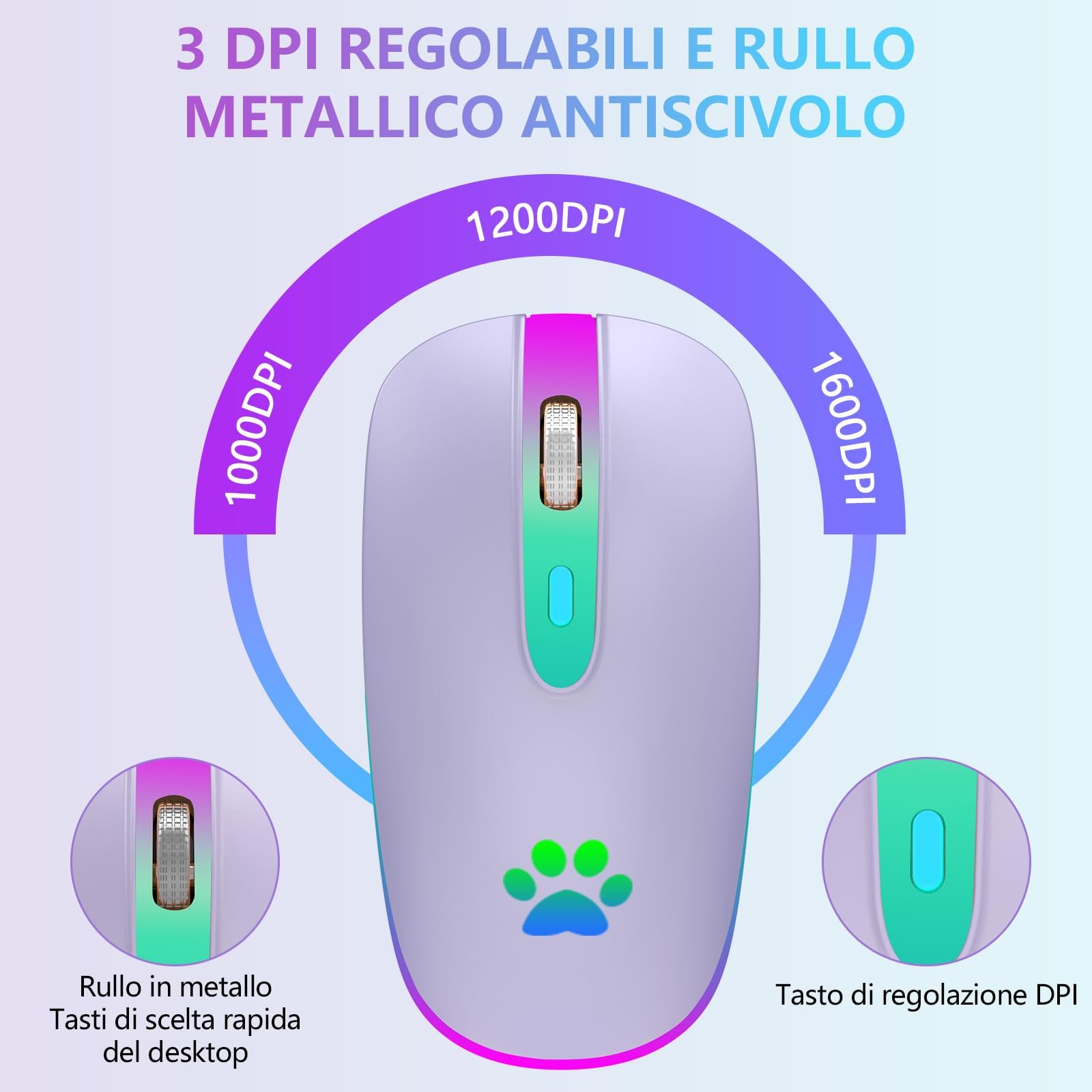 Мышь KBCASE Беспроводная 2.4 GHz USB, Bluetooth 1600 DPI, оптическое отслеживание, перезаряжаемая, игровая, 7 цветов LED подсветки, фото №5